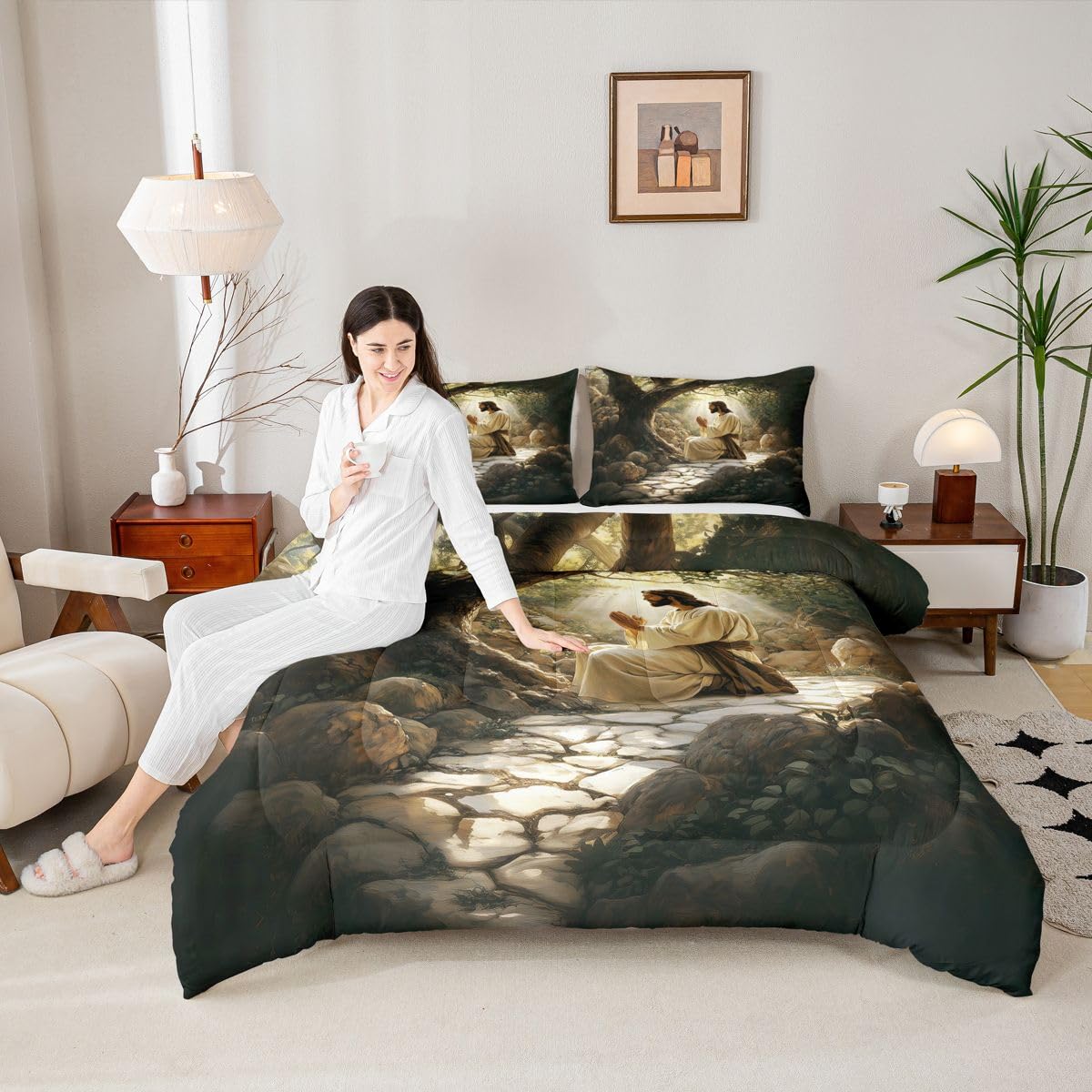 Manfei God Praying Girls Bedding Set Twin Size,The Garden of Gethsemane Comforter Set,Western Bible Verse Spiritual Quilt Comforter Girls Boys Teens,Black Gray Room Decor All Season,1 Pillowcase
