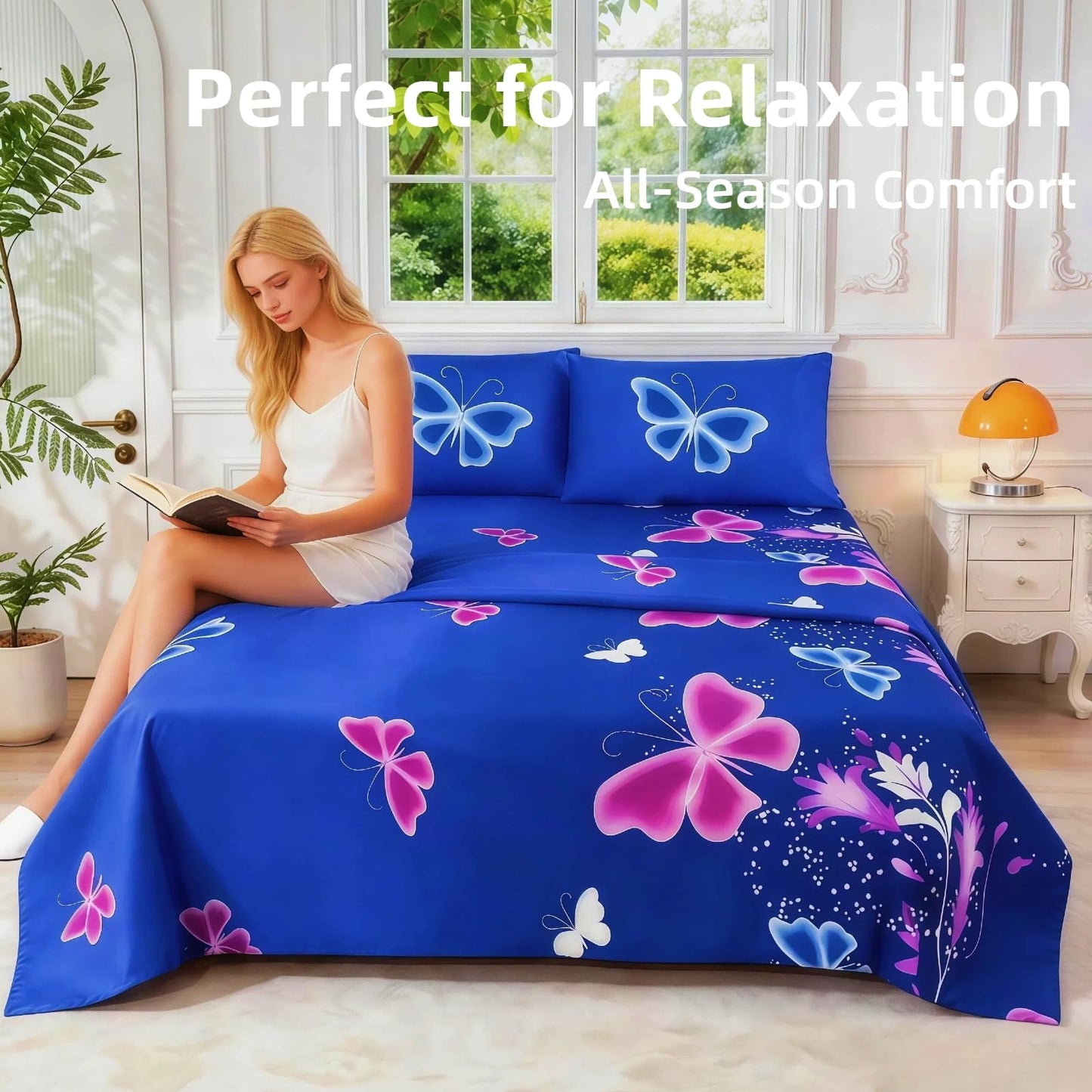 SDY 4 Pieces Butterfly Bedding Sheets Set Full Size Blue Vivid Butterflies Pattern Sheet Set with 1 Deep Pocket Fitted Sheet + 1 Top Flat Sheet + 2 Pillowcases for Kids Teens Adults (Butterfly,Full)