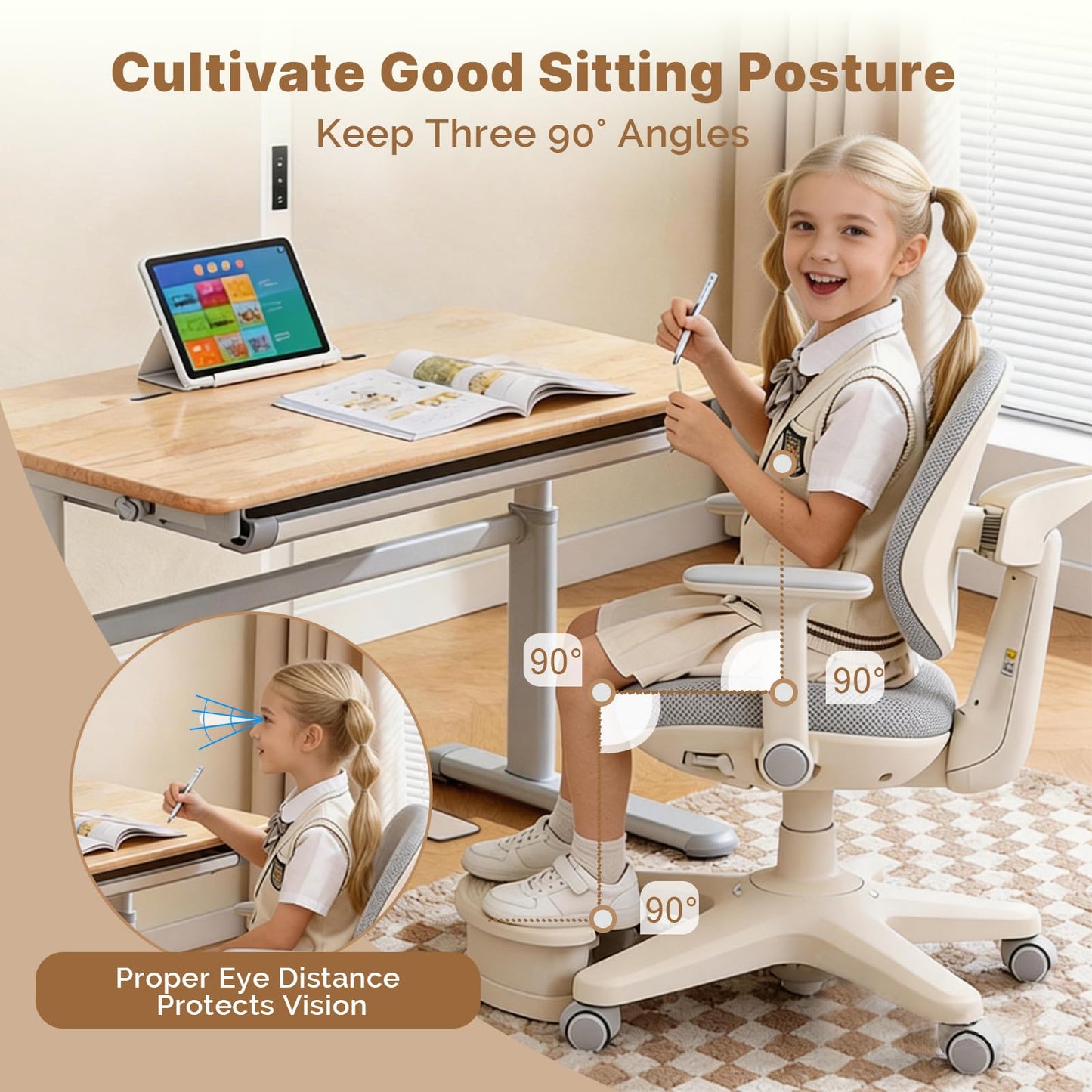 Ergonomic Kids Desk Chair with Adaptive Back Support, Adjustable Footrest, and 90° Flip-Up Armrests — Breathable Study Chair for Ages 3-12, Fits Home Office and Bedroom