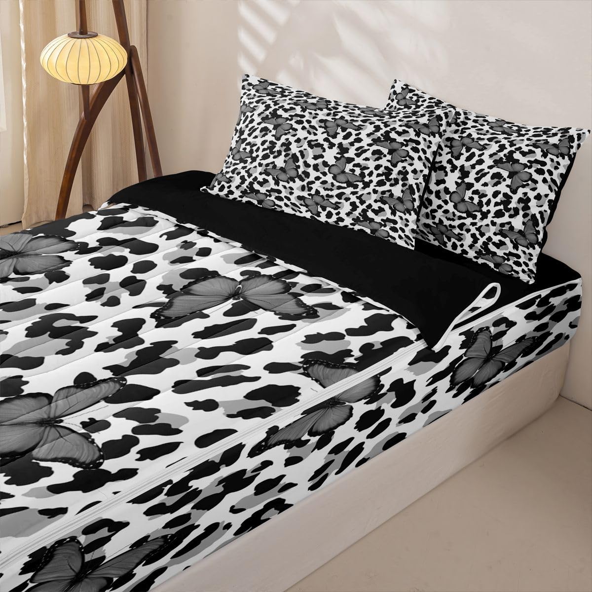 Feelyou Leopard Print Queen Zipper Bedding Set Black Gray Butterfly Kids Comforter Set with Fitted Sheet and 2 Pillowcases Girl Butterflies Bed in a Bag Zip Up Bedding Soft Microfiber