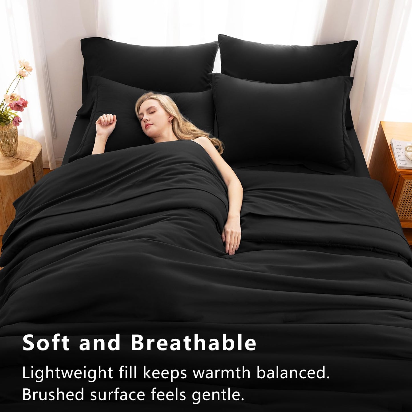 CozyLux Queen Comforter Set Black, 7 Pieces Bed in a Bag Queen Comforter Set with Sheets, Soft Bedding Sets with Down Alternative Comforter, Sheets, Pillowcases & Shams, Bed Set Gift for All Seasons