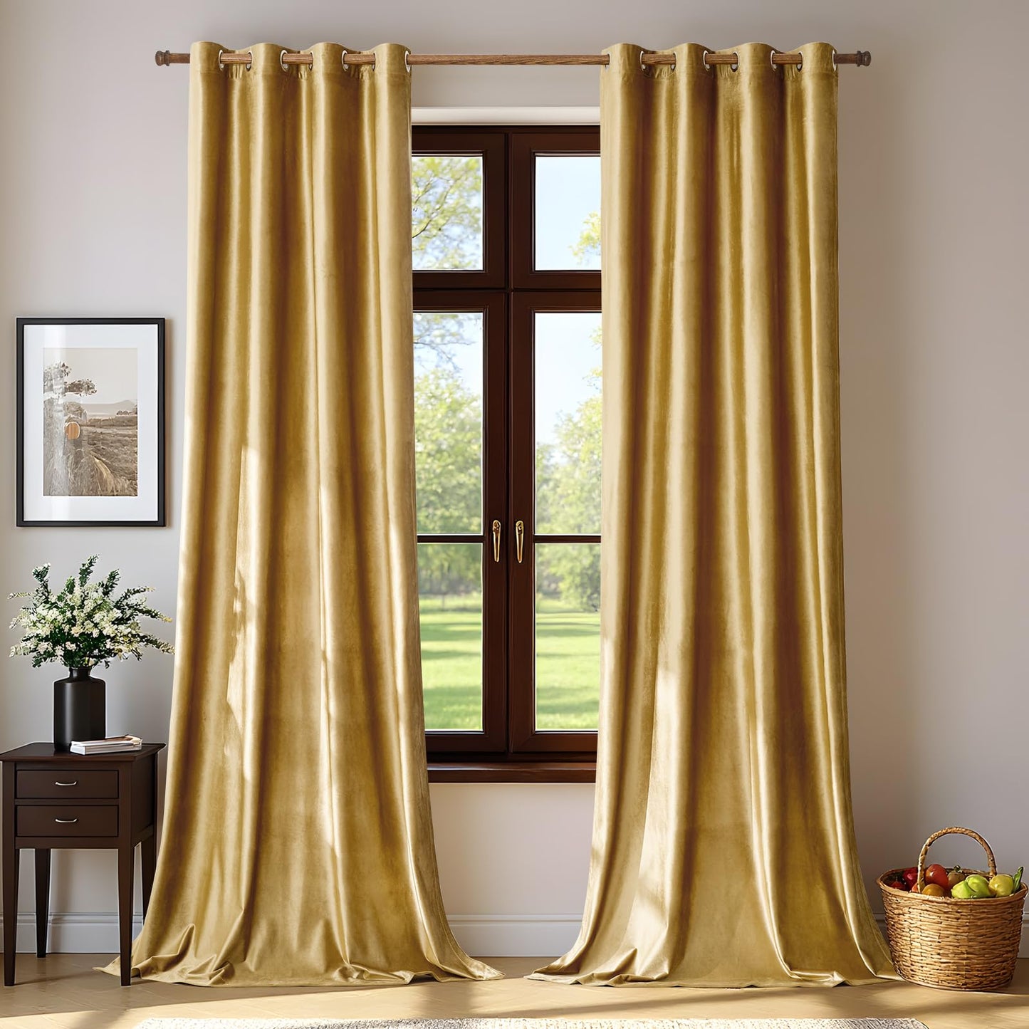 BULBUL Velvet Gold Curtains 84 inch Length- Living Room Blackout Thermal Window Drapes Darkening Decor Grommet Curtains for Bedroom Set of 2 Panels