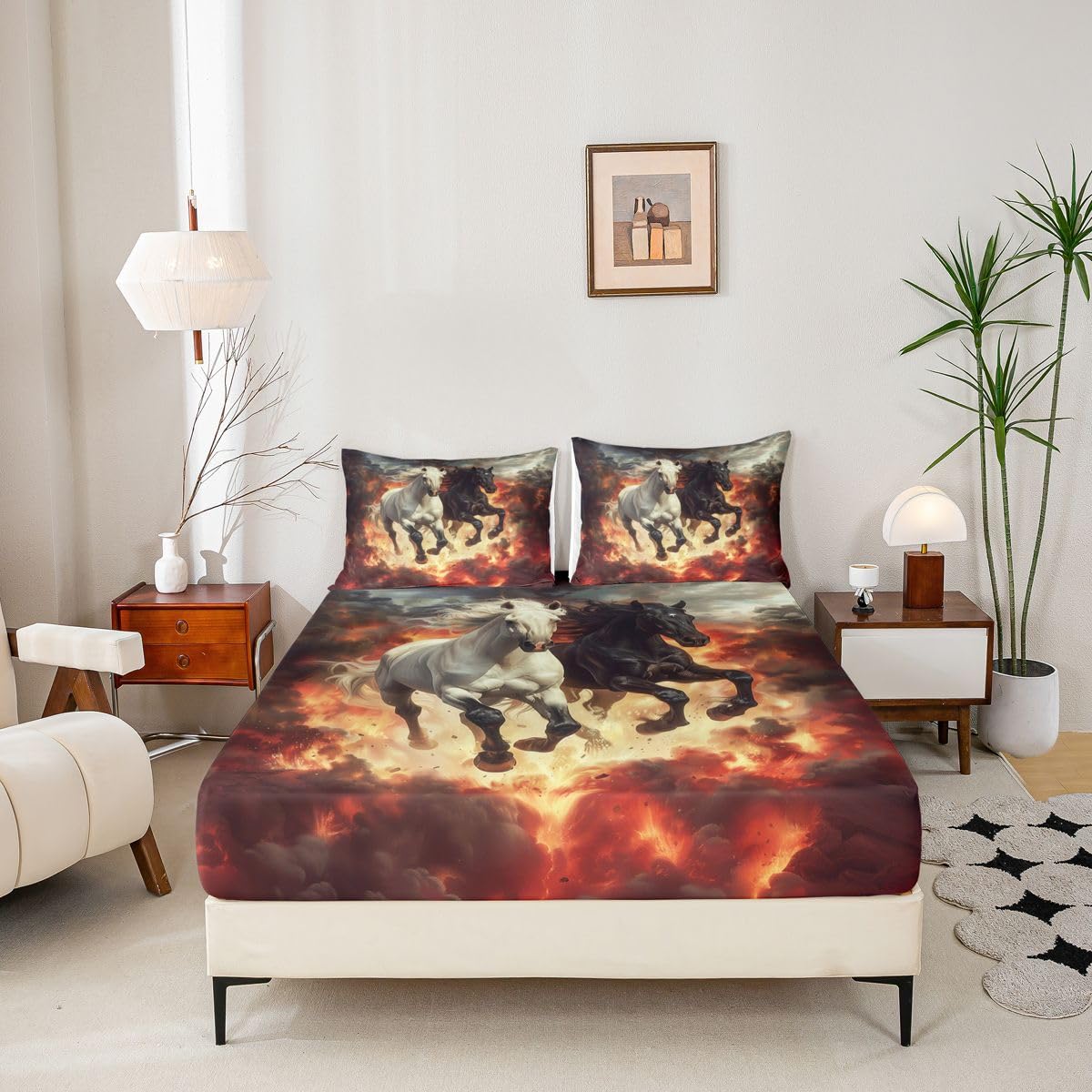 jejeloiu Horse Bed Sheets Sets Queen Size Kids Boys Girls Black and White Horse Bedding Set Western Farm Animals Bed Sheet Set with 16-Inch Deep Pockets Country Farmhouse 4Pcs with 2 Pillow Cases