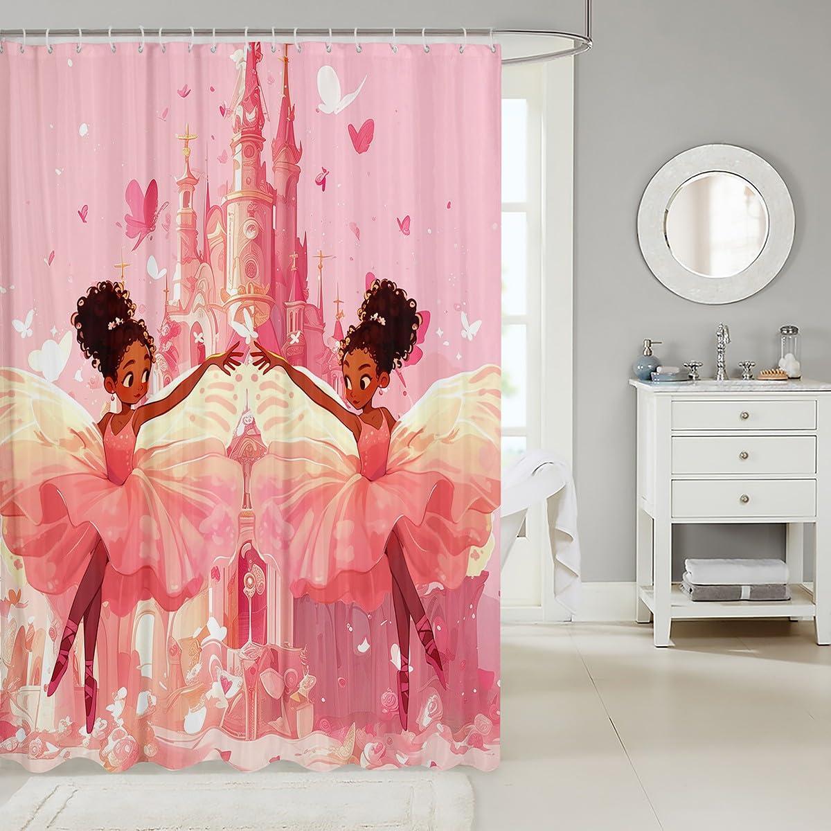 Cute Girl Shower Curtains Pink Castle Girl Bathroom Curtains for Kids Princess Room Decor, American Style Black Little Girl Waterproof Bath Curtains with 12 Hooks Suits for Bathtub, 72" W x 72" L