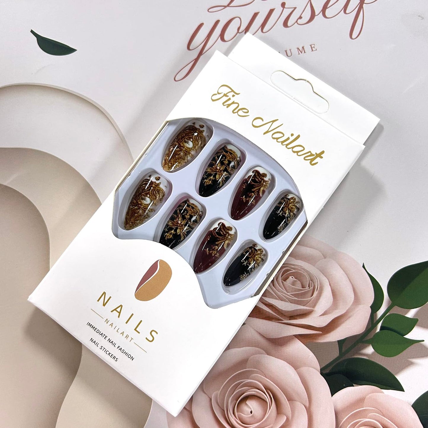 LOPMNGHT Almond Tip Press on Nails Medium Length Gold Flower Pattern Design Black Golden Acrylic False Nail Full Cover Glossy Artificial Fingernails Press Ons Almond Gel Stick on Nail for Women 24Pcs