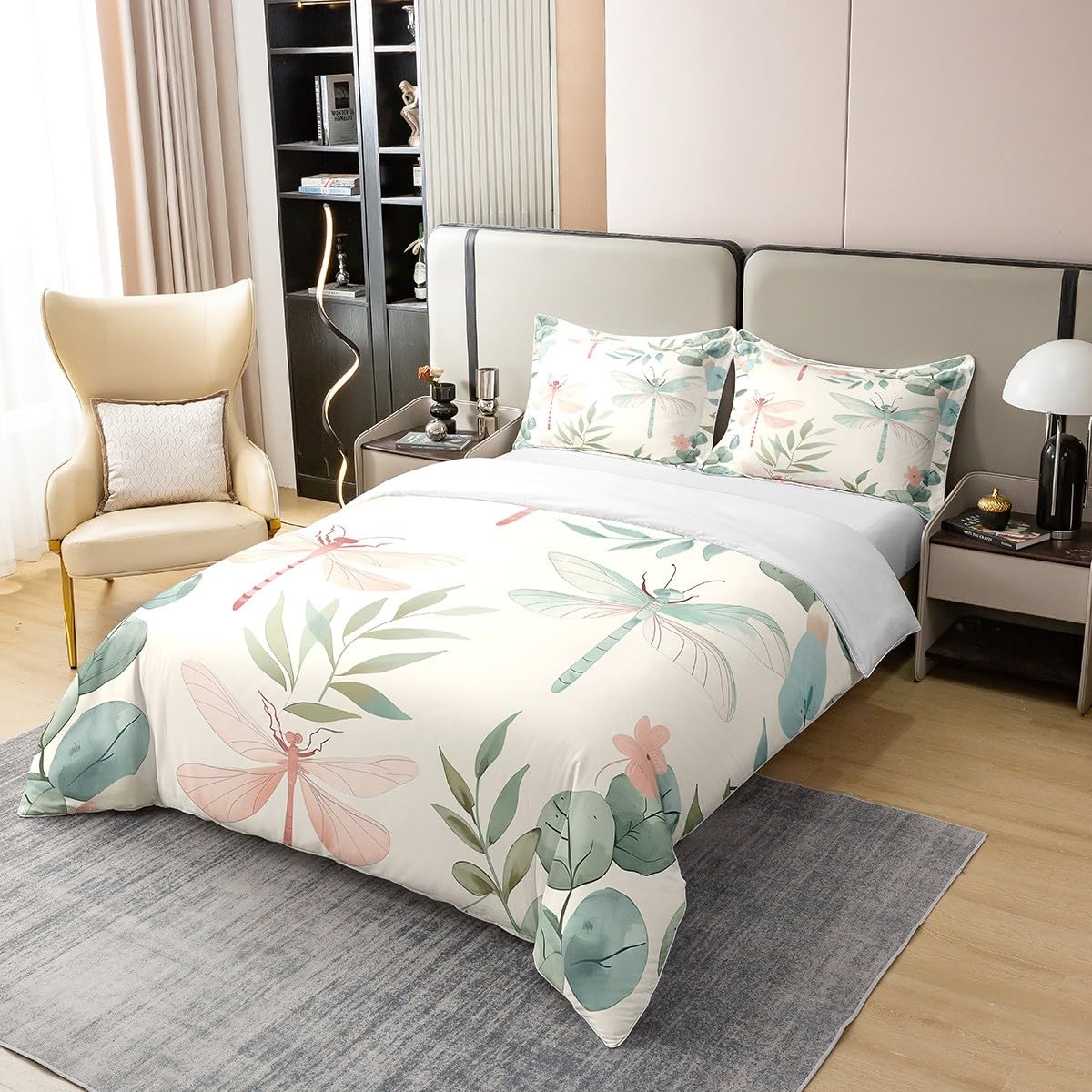 Erosebridal Dragonfly Bed Set,Minimalist Style Bedspread Cover,Green Branches Leaf Duvet Cover,Rustic Natural Garden Comforter Cover for Girls Women Lady Twin Size