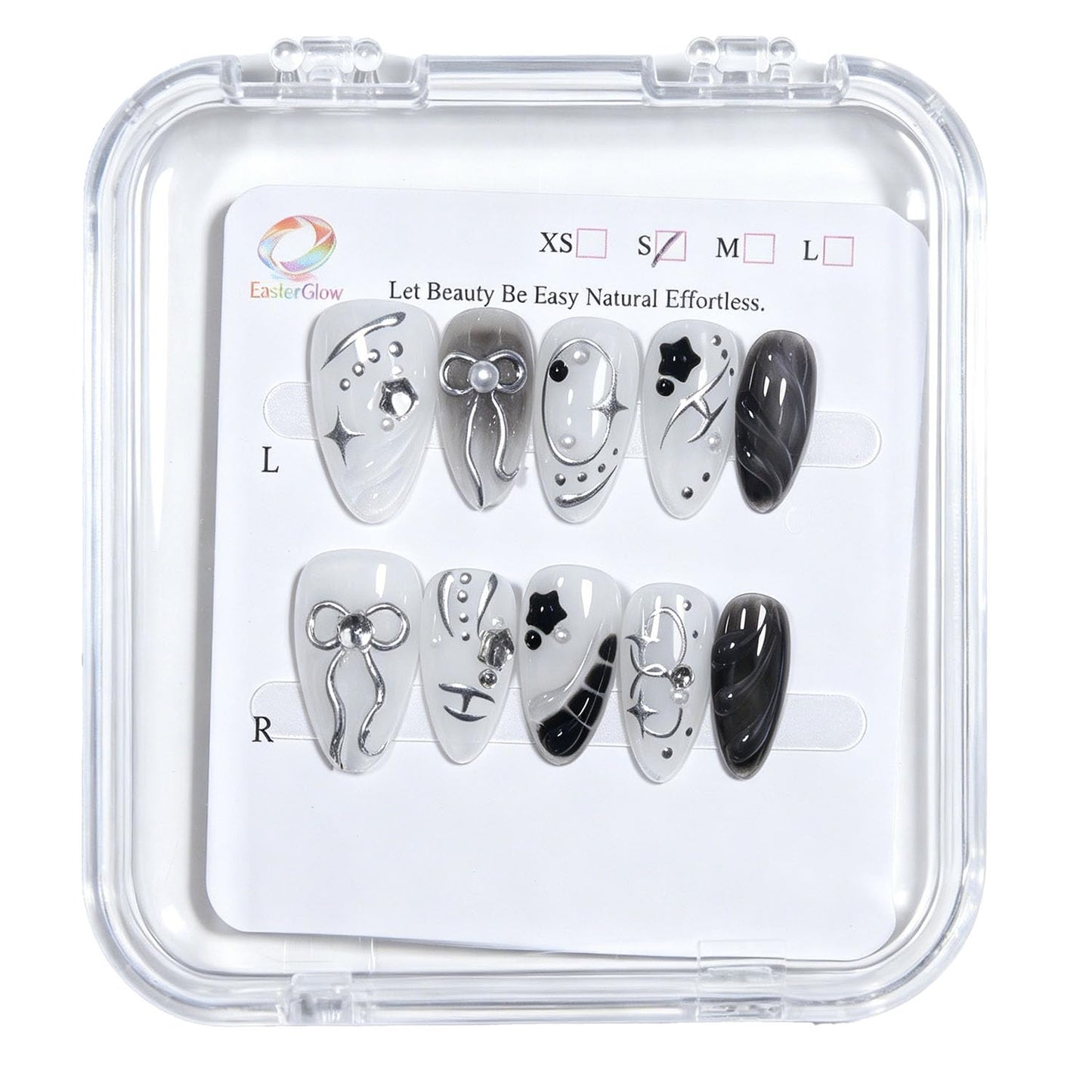 EasierGlow 10 Pcs Handmade Short Almond Press On Nails - Easy Apply & Remove, Reusable & Salon Quality | Y2K Gothic Black & White Press Ons with 3D Bow, Star & Swirl Sculpted Accents (UO02, S)
