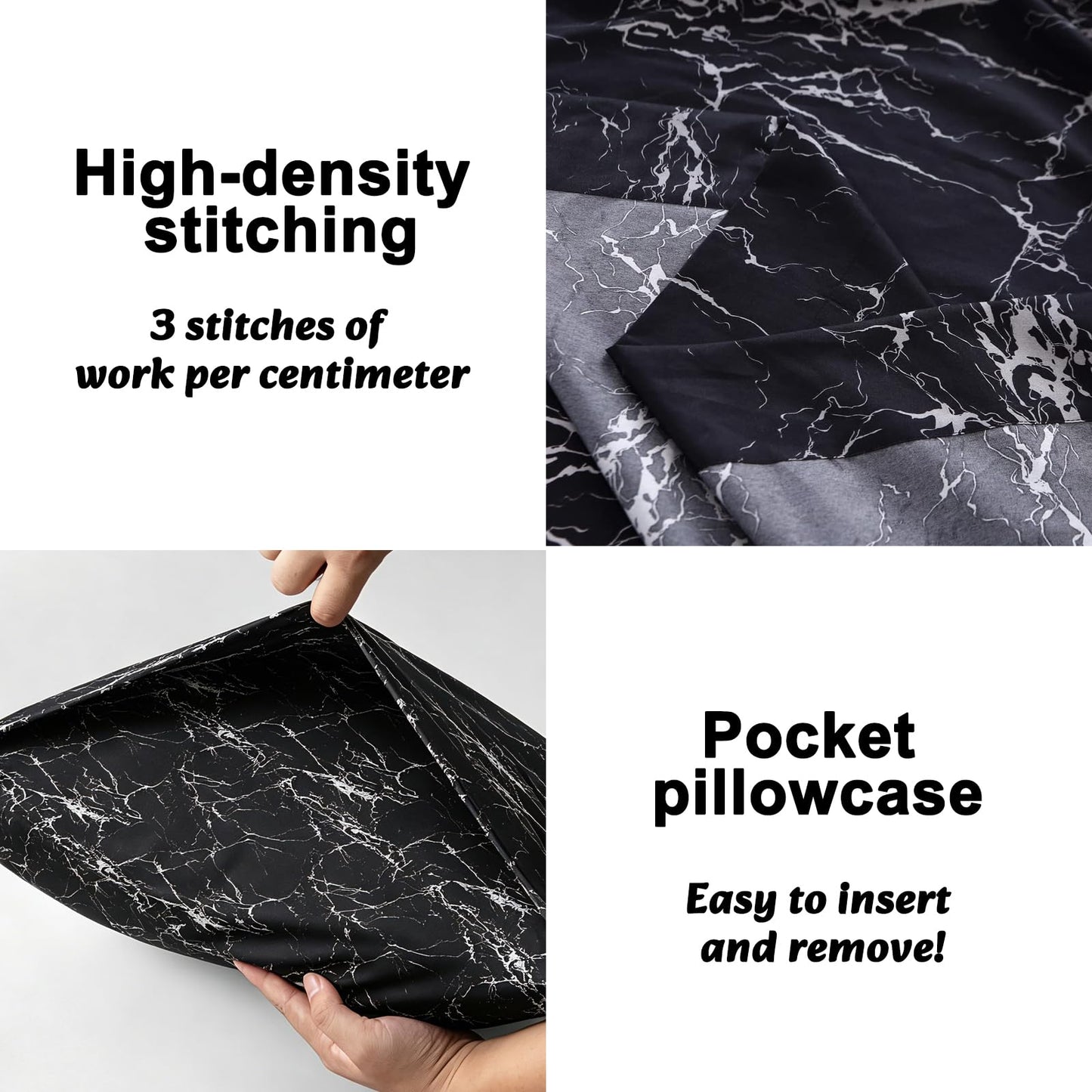 MAG 3PCS Black Marble Fitted Sheet Queen,Soft Microfiber Bed Sheets Included 1 Fitted and 2 Pillowcases,14 Inches Deep (Queen, Black)