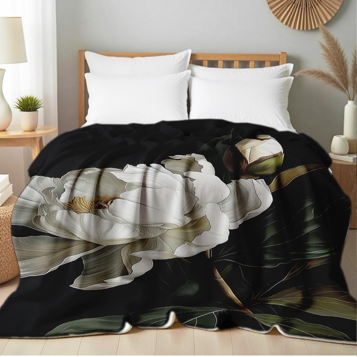 HUNXIAOJ Magnolia Print Blanket Black and White Throw Soft Magnolia Flannel Blanket Flower Bedding Decor Gifts Botanical Floral Throw for Bed Couch (59"x78")