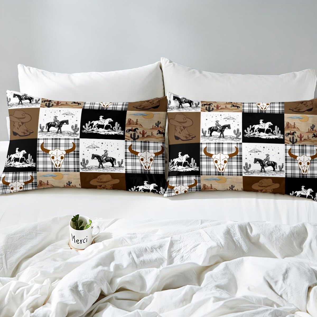 Erosebridal Boho Horse Skull Bull Bedding Set Twin, Western Cowboy Country Hunting Comforter Set, Exotic Wild Animal Plaid Check Adventure Comforter, Southwestern Rustic Farmhouse Quilt