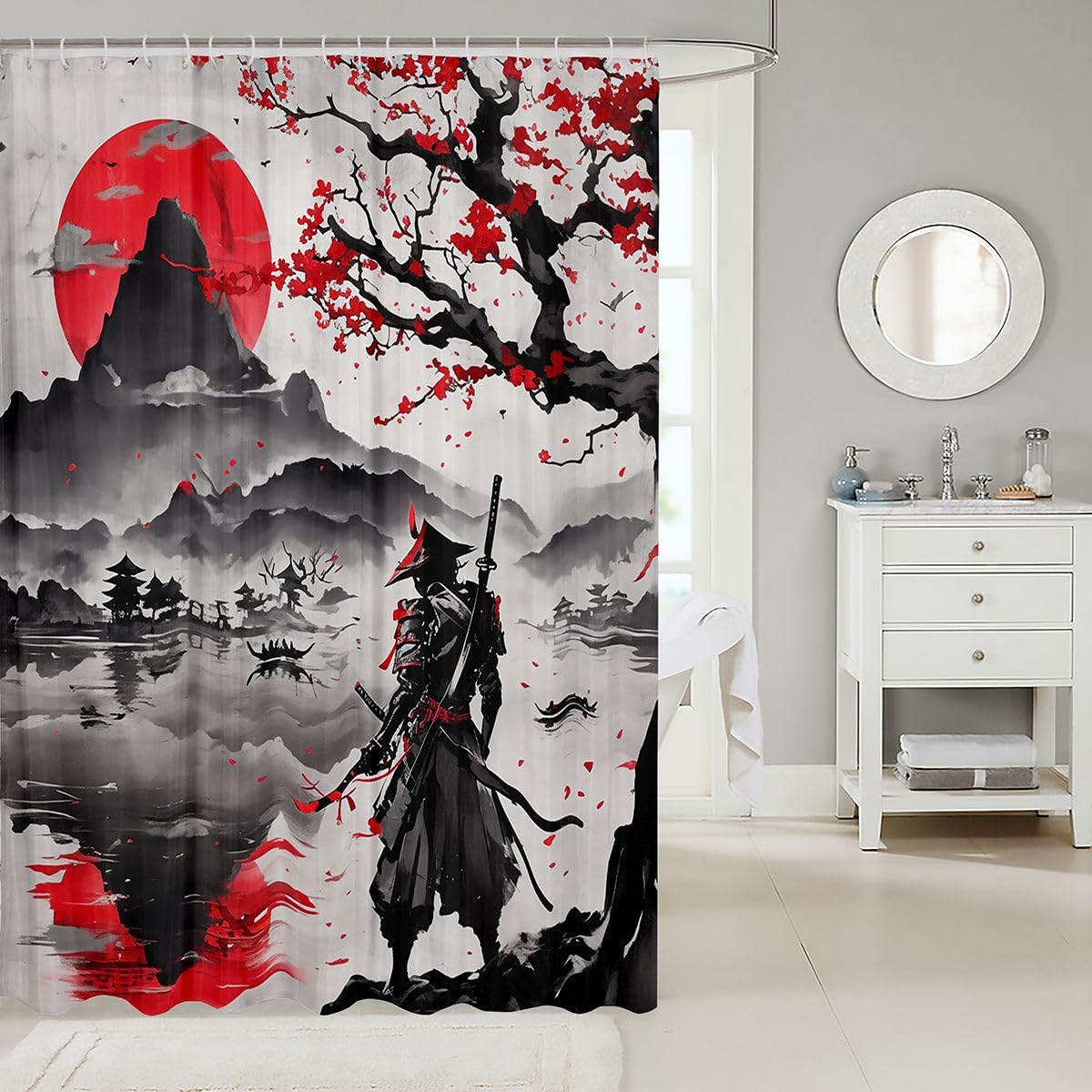 jejeloiu Samurai Shower Curtain for Bathroom Decor Japanese Style Bath Curtain for Stalls Bathtubs Sunset Bathroom Accessories Waterproof Polyester Fabric with 12 Hooks 72"x72"