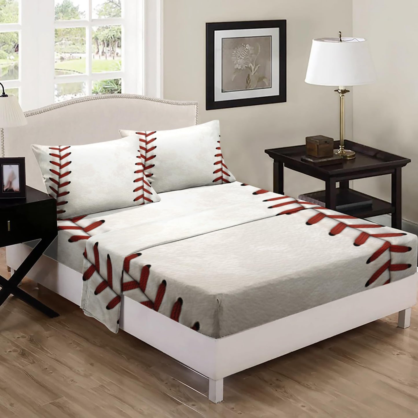 Nttopship Baseball 4 Pieces Bed Sheet Sets Full Size Baseball Bedding Sets with 16" Deep Pockets Sports Bedroom Decor,Bedding Set 4 PCS(1 Fitted+1 Flat+2 Pillowcases)