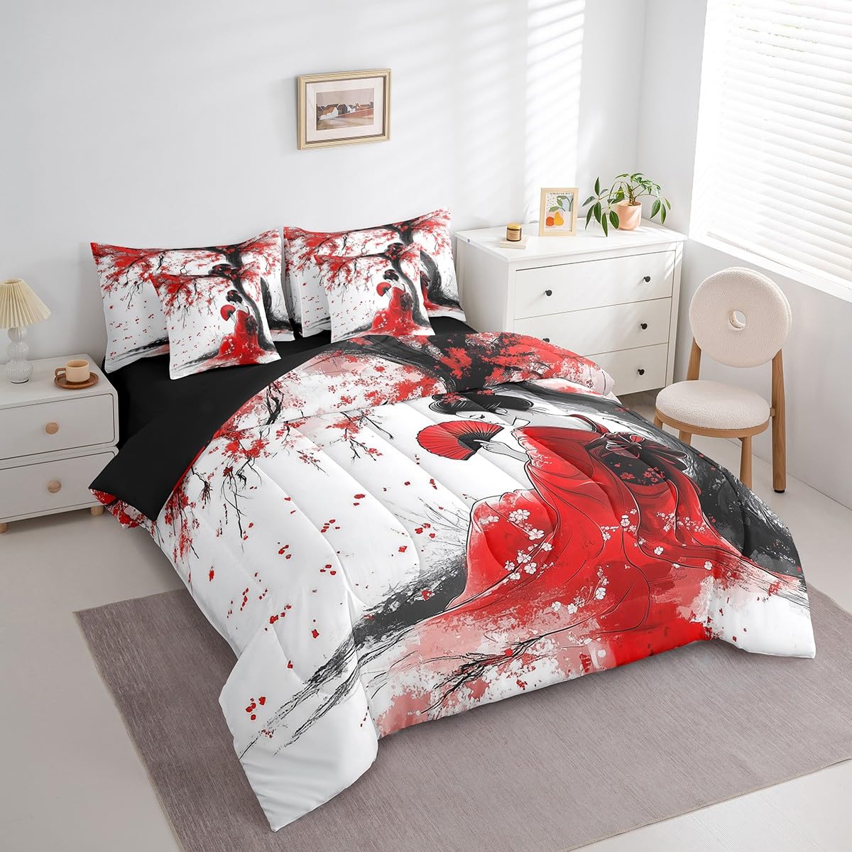 Erosebridal Aesthetic Japan Geisha Comforter Set Twin,Red Cherry Blossom Bedding Set 7Pcs for Kids Teens Adults,Japanese Woman Kimono Quilt,Tradition Ukiyoe Bed in a Bag