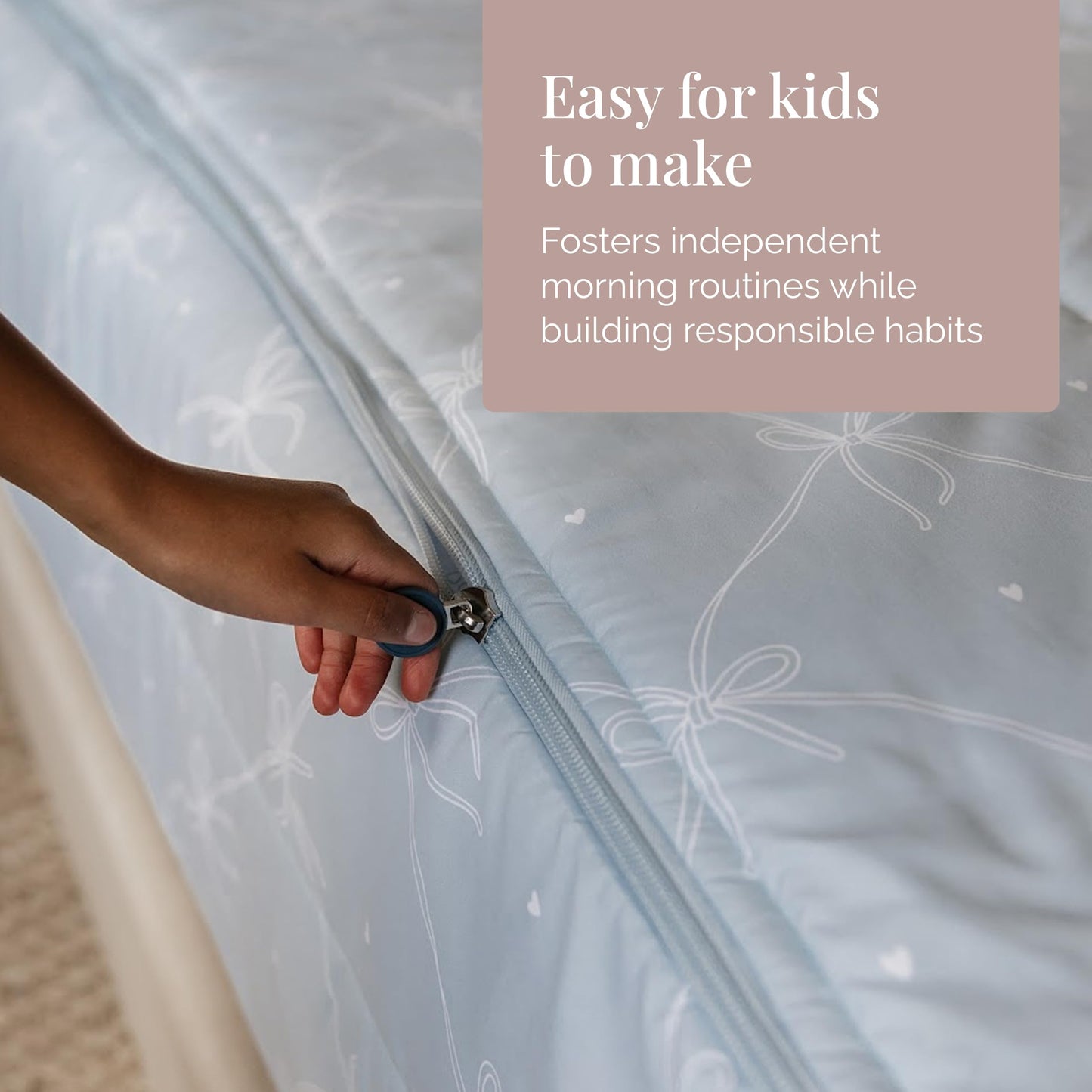 Beddy's Ribbon & Bow Theme Durable Zipper Bedding for Kids - Bed in a Bag - White Striped Sheets with Baby Blue Comforter - Includes Pillowcase & Sham - Twin
