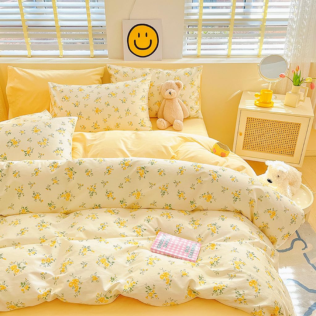 4pcs Duvet Cover Set- 100% Cotton Comfort Duvet Cover Set,a Duvet Cover,a Deep Pocket Fitted Sheet,2 Pillow Shams Home Bedding with Zipper Closure for All Season (Queen (U.S. Standard), cream yellow)