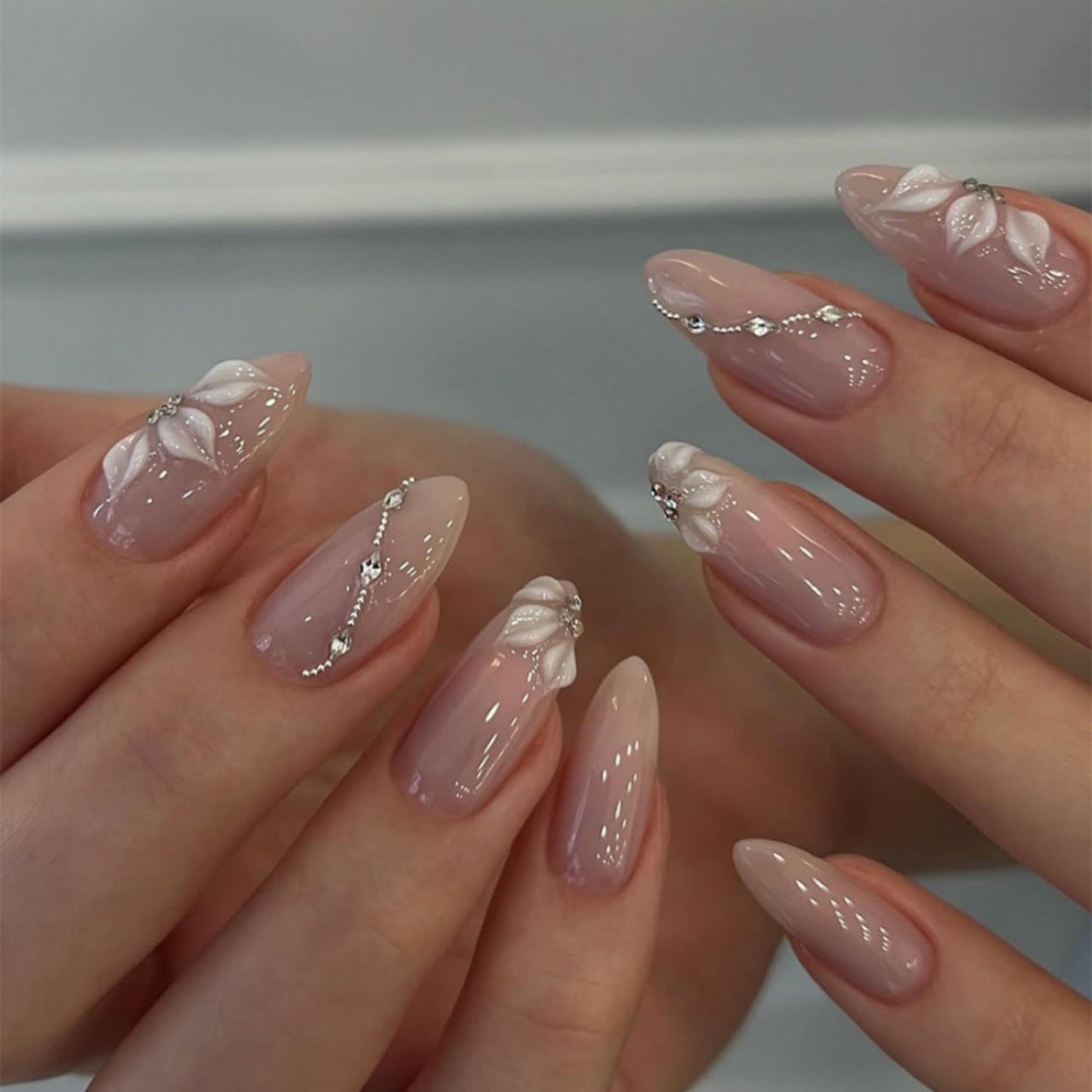 octoswave Press on Nails Medium Almond - Handcrafted 3D White Flower & Silver Rhinestone Designs - Nude Ombre Glossy Fake Nails for Weddings 30pcs