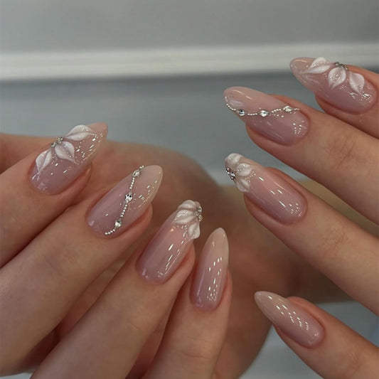 octoswave Press on Nails Medium Almond - Handcrafted 3D White Flower & Silver Rhinestone Designs - Nude Ombre Glossy Fake Nails for Weddings 30pcs