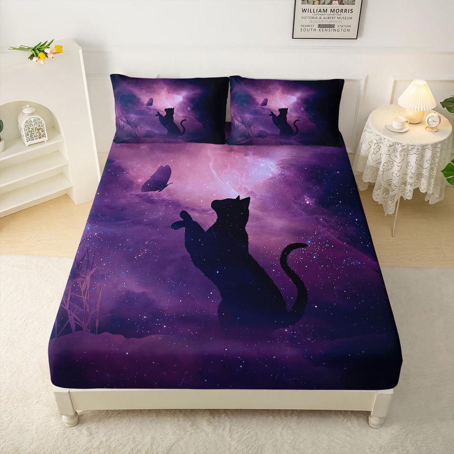 QOOMO Galaxy Cat Sheet Set,Butterfly Kids Bed Sheets,Universe 16" Deep Pocket Bed Sheet Set for Boys/Girls/Kids/Teens，4 Piece Sheet Set, 1 Fitted Sheet,1 Flat Sheet and 2 Pillowcases，Twin Size