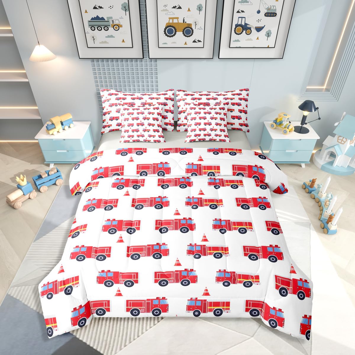 Erosebridal Cartoon Fire Truck Twin 7 Pcs Bedding Set, Red Firemen Car Bed in A Bag, Fire Engine Comforter Set with Sheets for Kids Men Teens Boys Room Decor, White Bed Sets, Microfiber