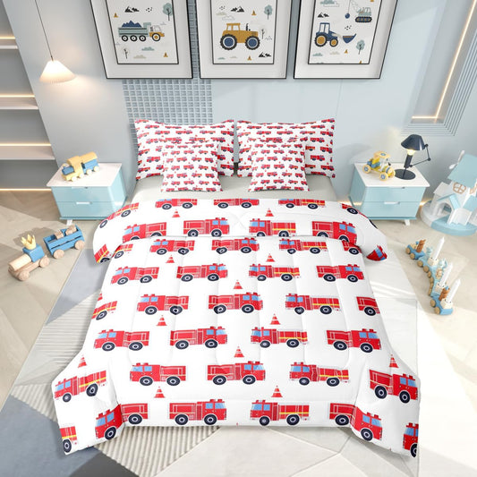 Erosebridal Cartoon Fire Truck Twin 7 Pcs Bedding Set, Red Firemen Car Bed in A Bag, Fire Engine Comforter Set with Sheets for Kids Men Teens Boys Room Decor, White Bed Sets, Microfiber