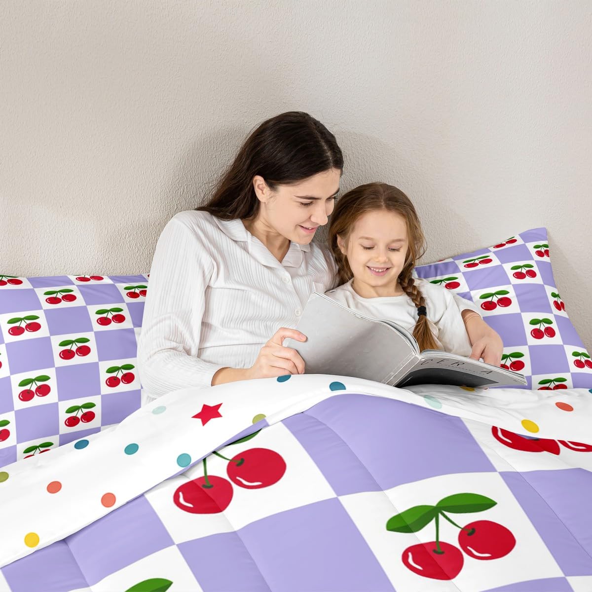 Manfei Cartoon Cherry Kids Comforter Set Twin Size,Geometric Plaid Checkerboard Patchwork Bedding Set,Girls Princess Room Decor,Tropical Fruit Fashion Down Comforter,Purple Duvet Insert,1 Pillowcase