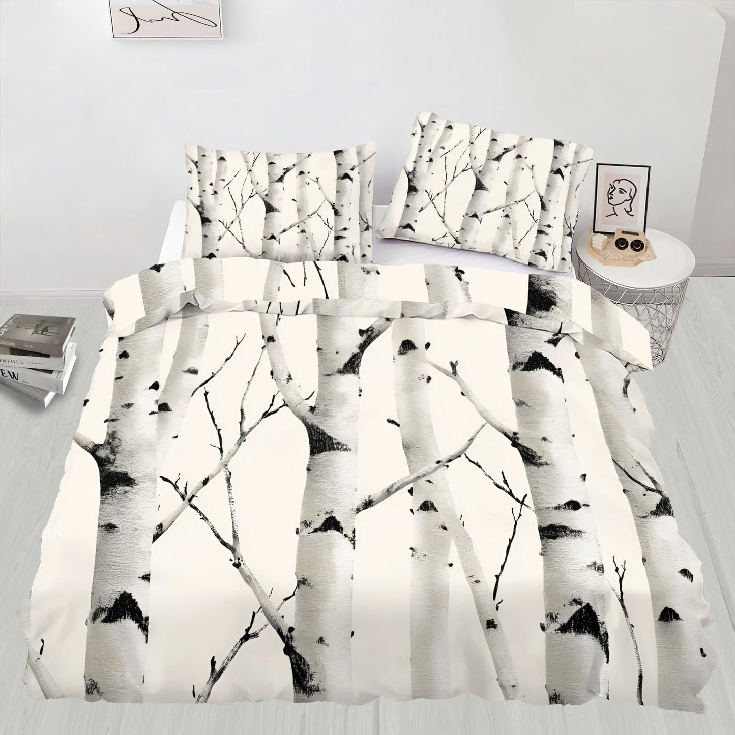 QINYUN Birch Tree Duvet Cover Oversized King Size, Forest Bedding Set 3 Piece, Forest Seasonal Nature Woodland Comforter Cover 120x98 and 2 Pillow Sham with Zipper Closure