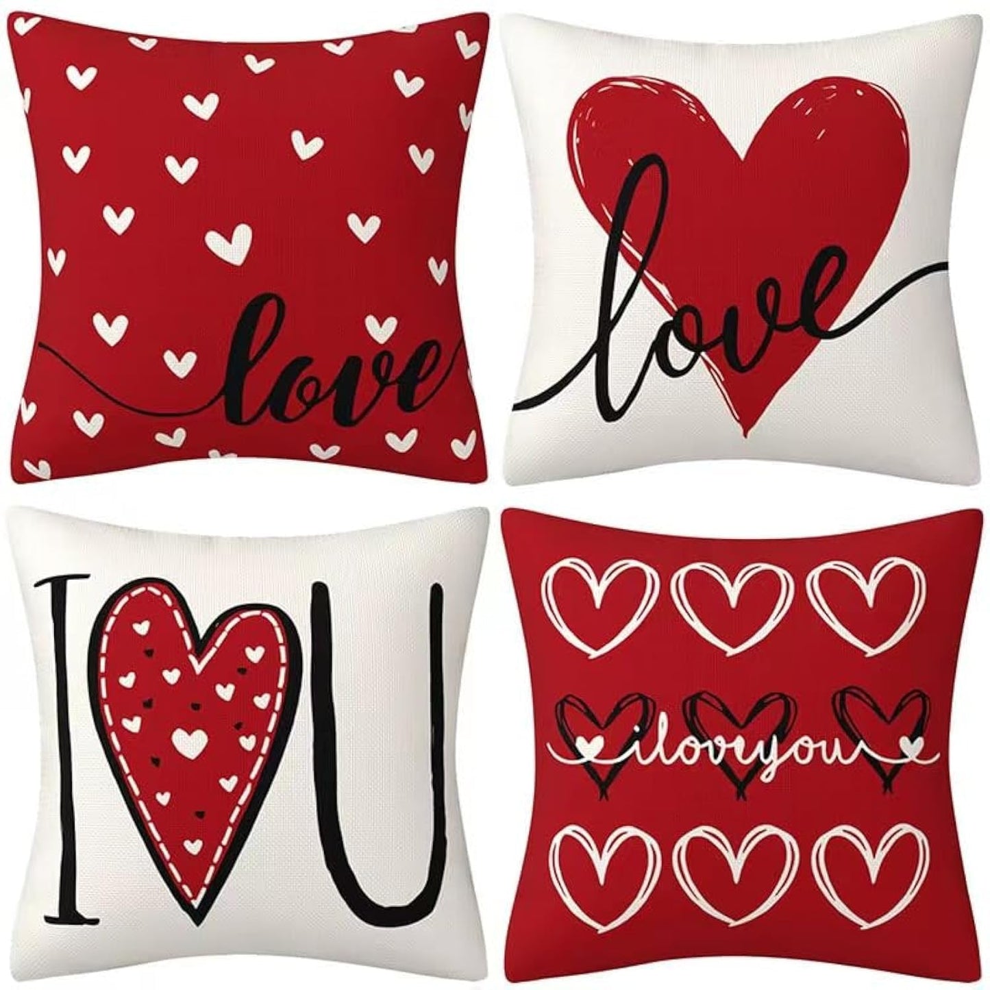Hongsome Valentines Day Decor-Throw Pillow Covers 18x18 in Set of 4,Valentine Linen Pillow Case with Red Heart Love You More for Large Couch Sofa Home Indoor Outdoor Holiday Decorations