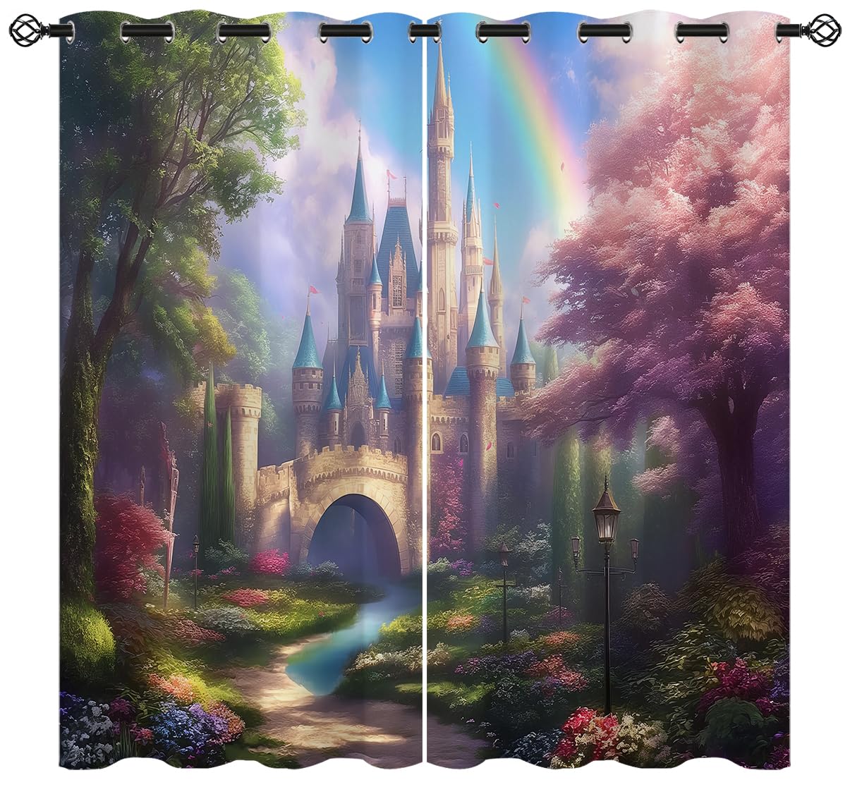 18TH CROZY Dreamy Castle Blackout Curtains for Girls Boy Home Decor, Fairy Tale Forest World Rainbow Grommet Thermal Insulated Drapes Darkening Window Curtain for Bedroom Living Room, 42 x 45 Inch