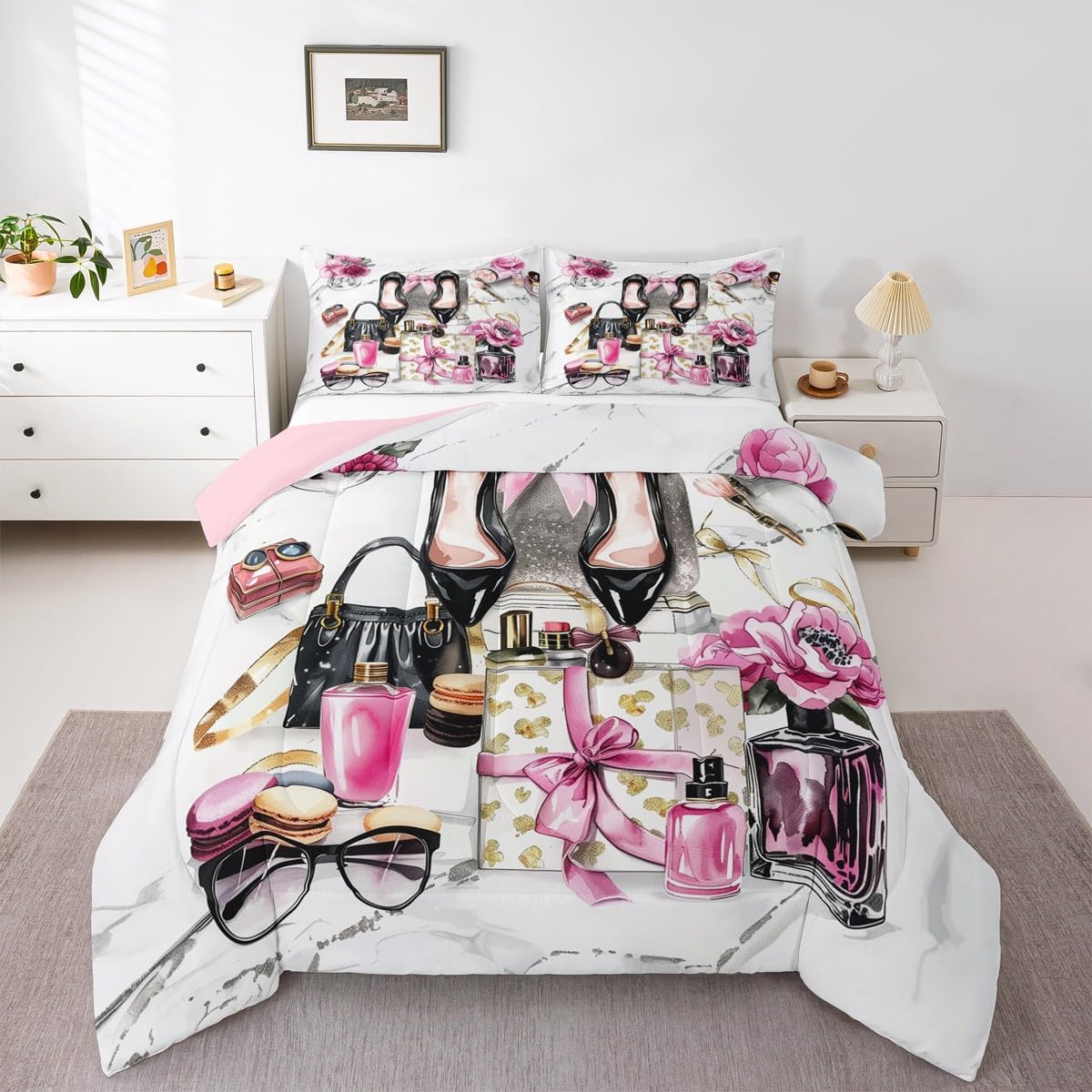 Erosebridal Pink Comforter King Size Cute Flower Girly Bedding Set Bow Coquette Sweet Bed Sets Modern Magazine Silver High Heel Girls Women Duvet Insert Preppy Makeup Romantic Fantasy Room Decor