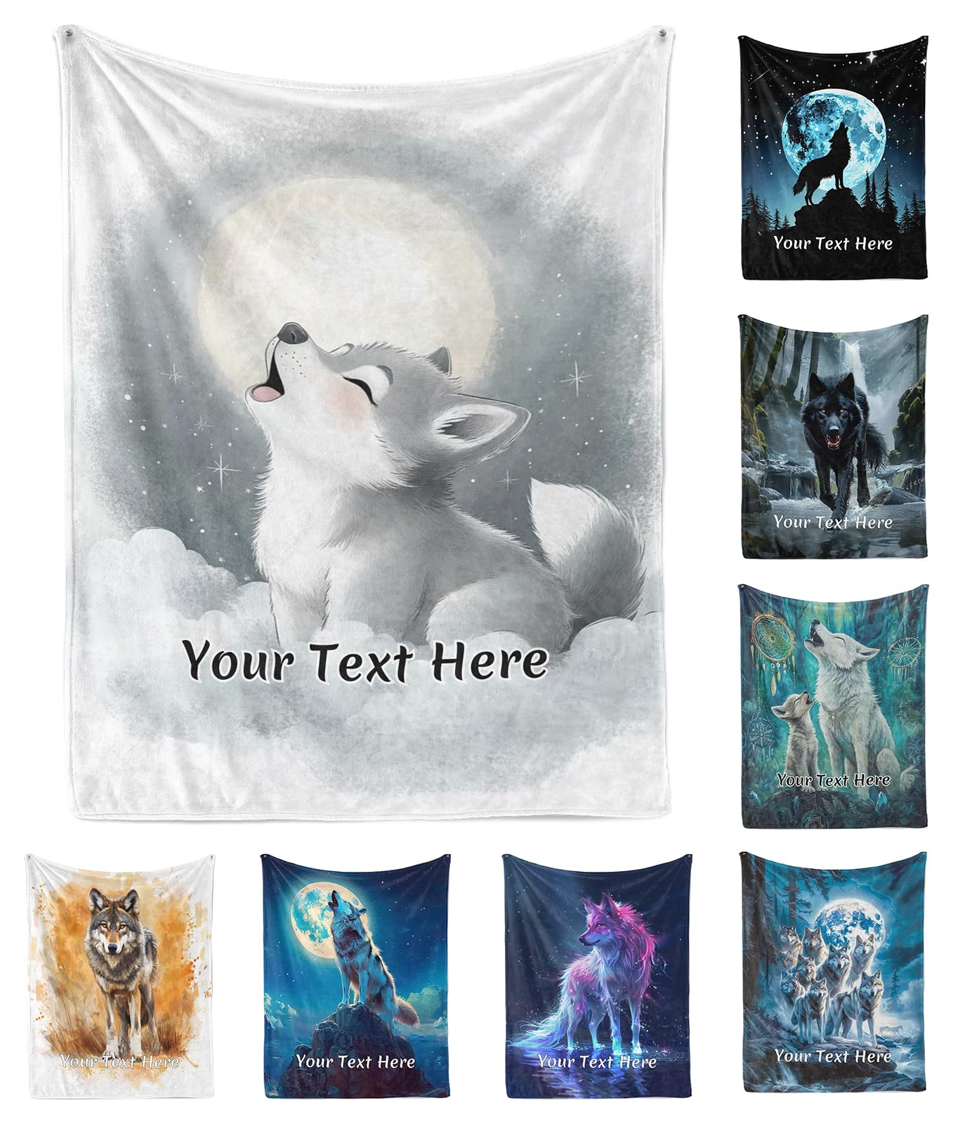 Xaviynch Cute Howling Wolf Blankets, Custom Blanket with Names - Personalized Anniversary Wedding Valentine's Day Gift Blankets for Him Her