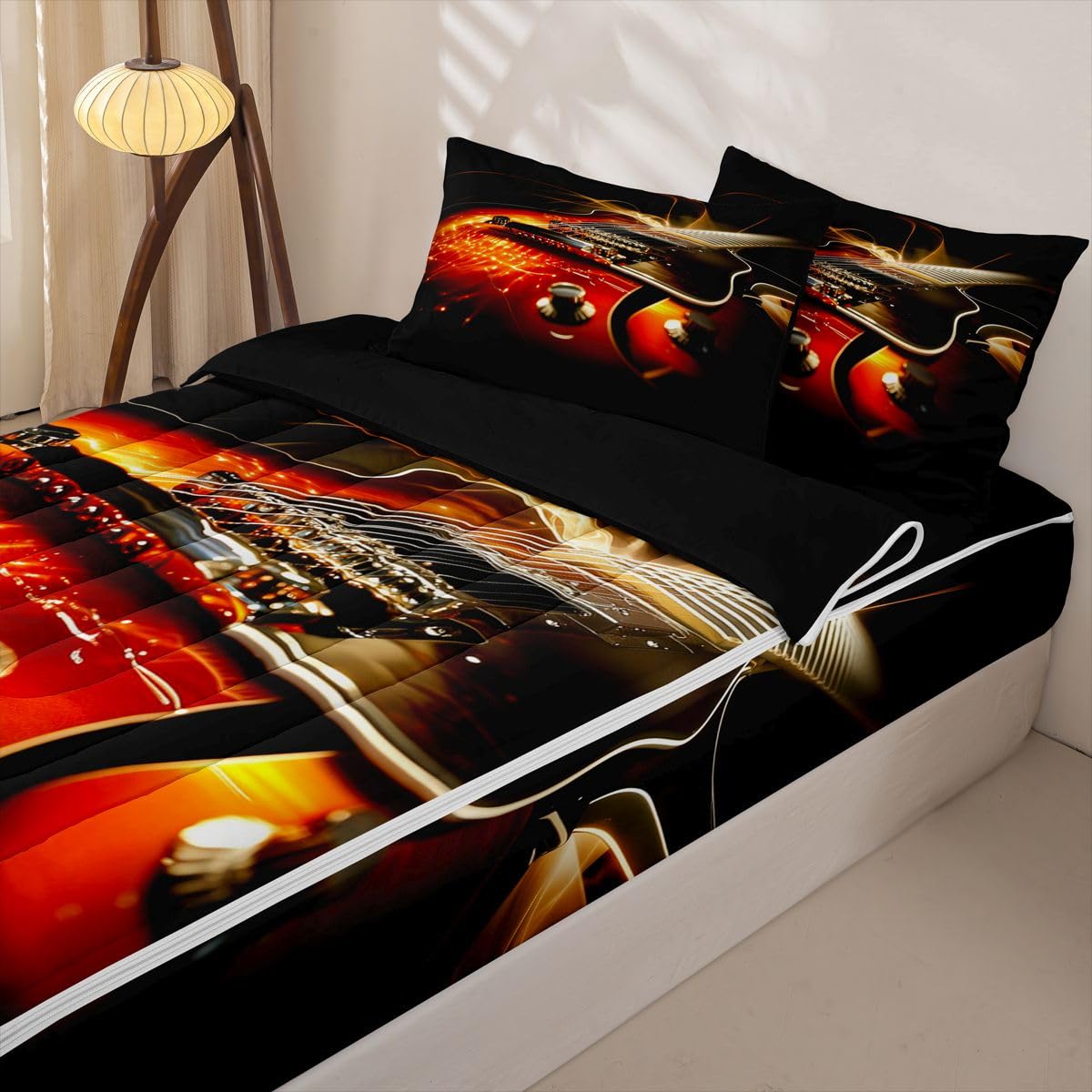 Erosebridal Guitar Zipper Comforter Set Twin 3D Bedding Set Electric Guitars Print Bed in a Bag Rock Music Theme Zippered Quilt Fitted Sheet,2 Pillowcases