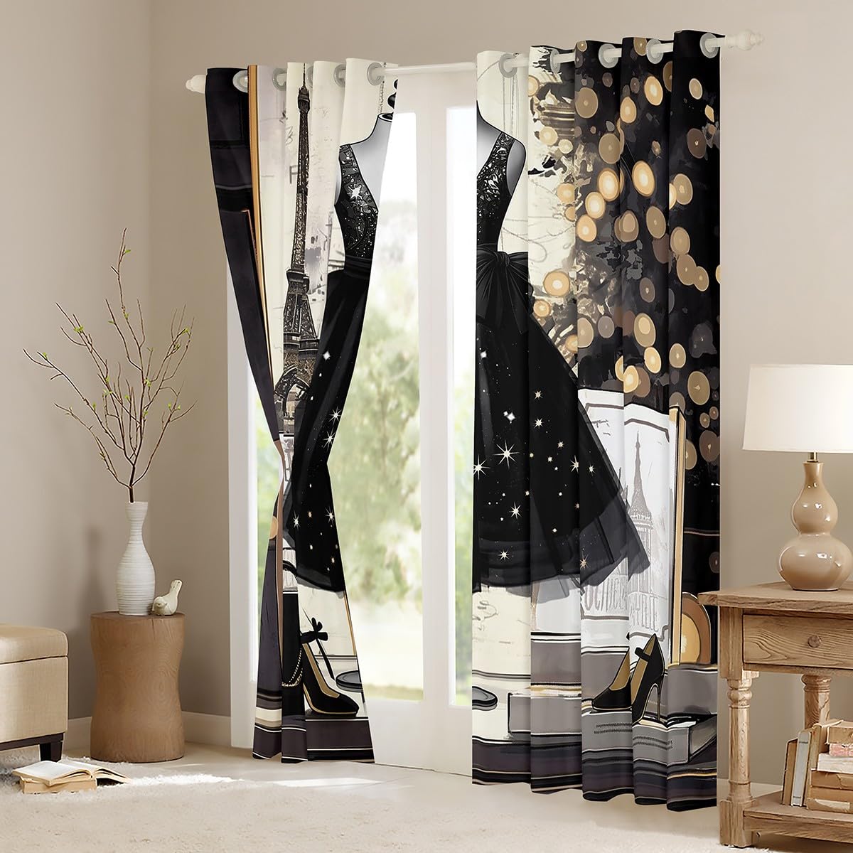 Black Dress Blackout Curtains Modern Fashion Curtains Eiffel Tower Paris Themed Bedroom Curtains Fashion Woman Dress Window Curtains Girls Black High Heels Romantic Makeup Decor Curtains,76"Wx45"L