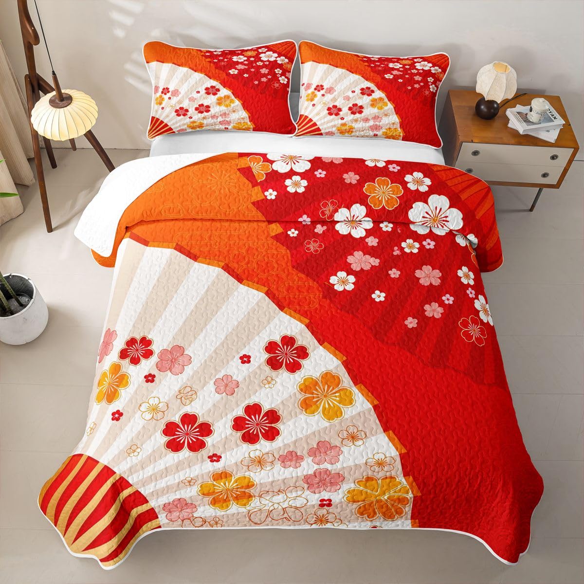 Erosebridal Japanese Style Fan Quilts Twin Size - Japan Fan Cherry Blossoms Bedspread Coverlet Set, Asian Themed Quilt Coverlets 2Pcs (Only 1 Pillowcase)