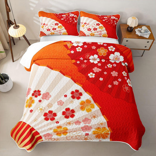 Erosebridal Japanese Style Fan Quilts Twin Size - Japan Fan Cherry Blossoms Bedspread Coverlet Set, Asian Themed Quilt Coverlets 2Pcs (Only 1 Pillowcase)