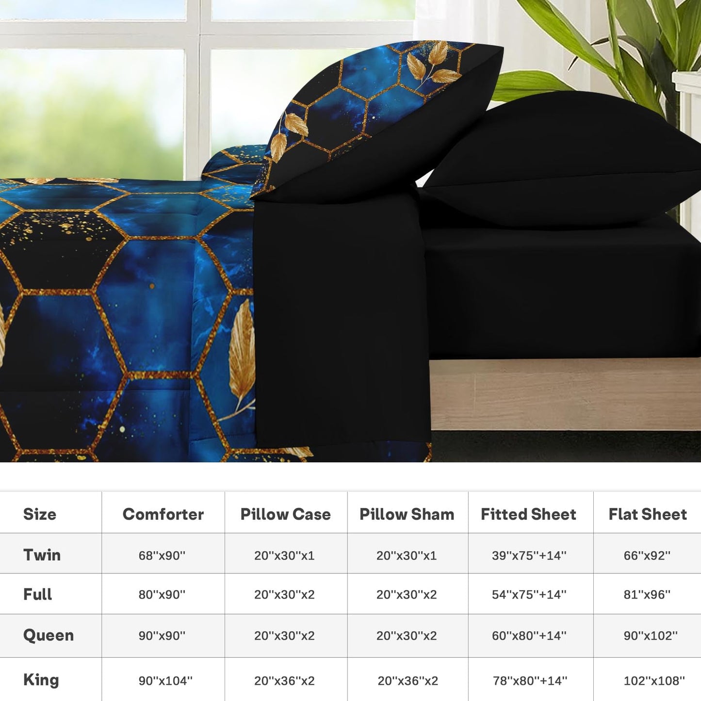 Nesker Comforter Set Queen Size, Luxury Geometric Hexagon 7 Pcs Bedding for Kids and Adults, Navy Blue Gold Marble Leaves Bed Sheet Sets with Fitted Sheet 2 Pillowcases & 2 Shams