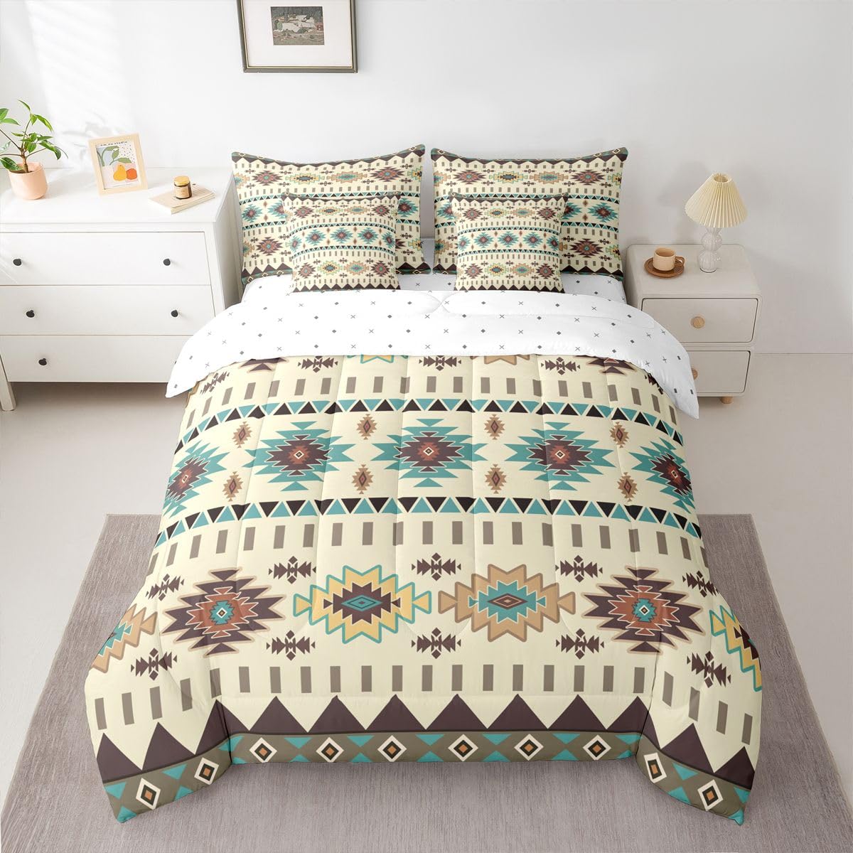 Erosebridal Aztec 7 Piece Bedding Set Queen Mysterious Comforter Set with Sheets Geometric Boho Rustic Farmhouse Bed in a Bag Native American Yellow for Teens Men Women