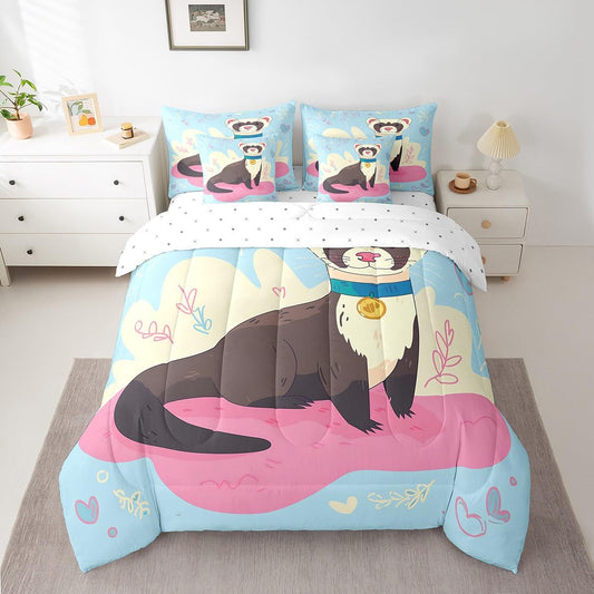 Erosebridal Ferret Comforter Set 7 Piece Bed in a Bag Twin,Cartoon Wildlife Pet Minks Weasel Animal Bedding Sets Kawaii Wild Animals Sheet Set with Comforter