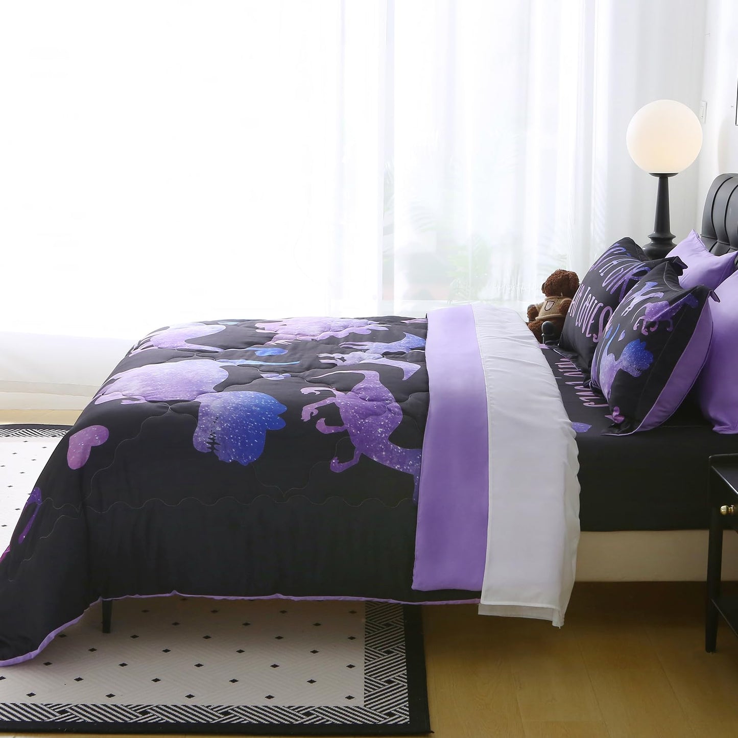 Jameswish 7 Piece Girls Dinosaur Comforter Set Full Size Violet Dinonsaur Soft Microfiber Bed in A Bag with Comforter,Sheet Set,Pillowcase and Sham for Child Teens All Season