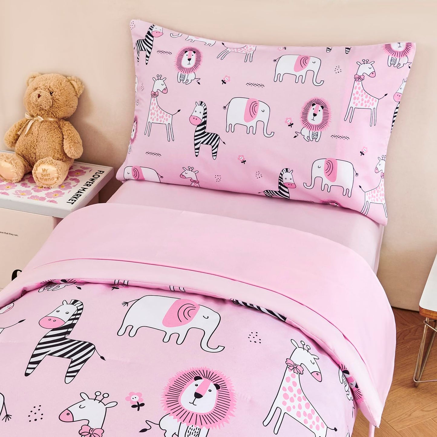 URBONUR 4-Piece Toddler Bedding Set - Ultra Soft Cartoon Pink Zoo Animals Girls Toddler Comforter Set - Include Comforter, Flat Sheet, Fitted Sheet and Reversible Pillowcase, Pink Animal