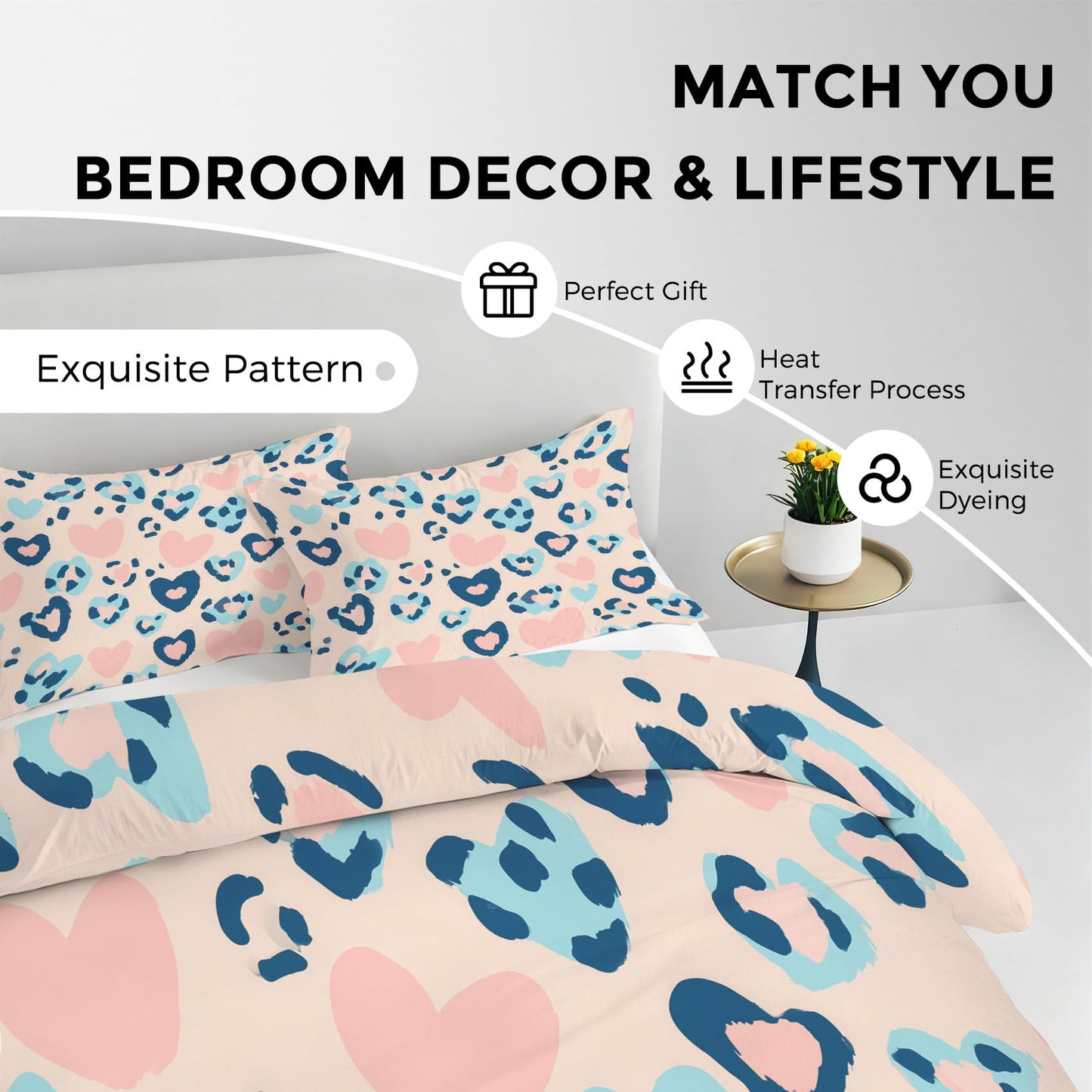 Blue Pink Cheetah Print Duvet Cover Queen, Heart Leopard Print Bedding Set 3 Piece & 2 Pillowcases, Animal Print Bedroom Decor, Reversible Soft Microfiber, Zipper Ties