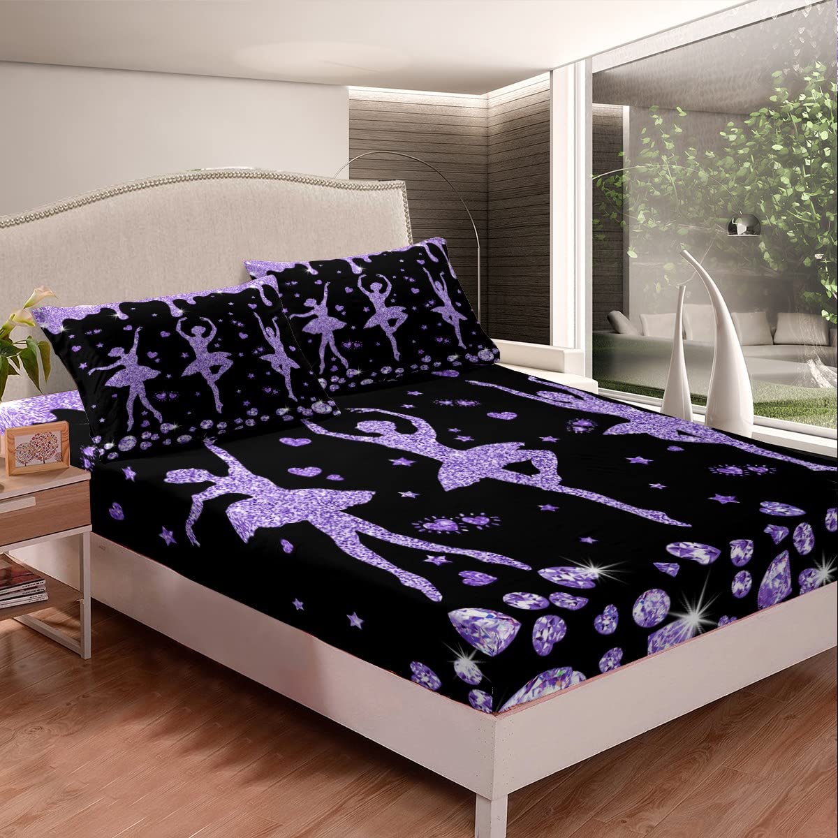 Erosebridal Purple Black Ballet Girls Fitted Sheet Full Ballet Dancer Bedding Set Glitter Sequins Diamond Bed Sheets Gifts for Ballerina,Love Hearts Stars Sheets 2 Pillow Cases Room Decor