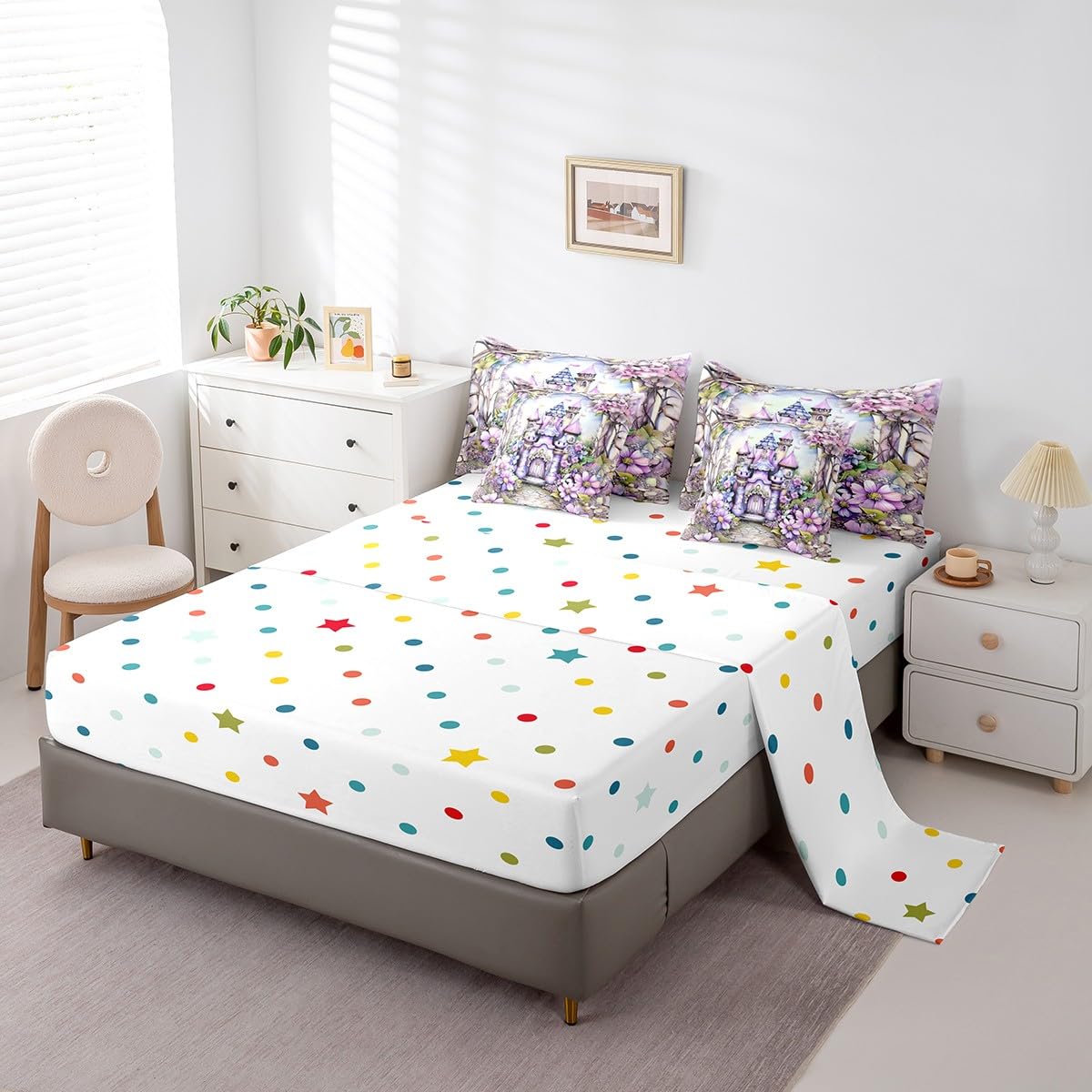 Feelyou Boys Girls Princess Bed in A Bag Queen Size, Dreamy Castle 7 Pieces Bedding Set Romantic Comforter Set with Sheets Kids Floral Flower Teens Bed Set Bedroom Decor 7Pcs