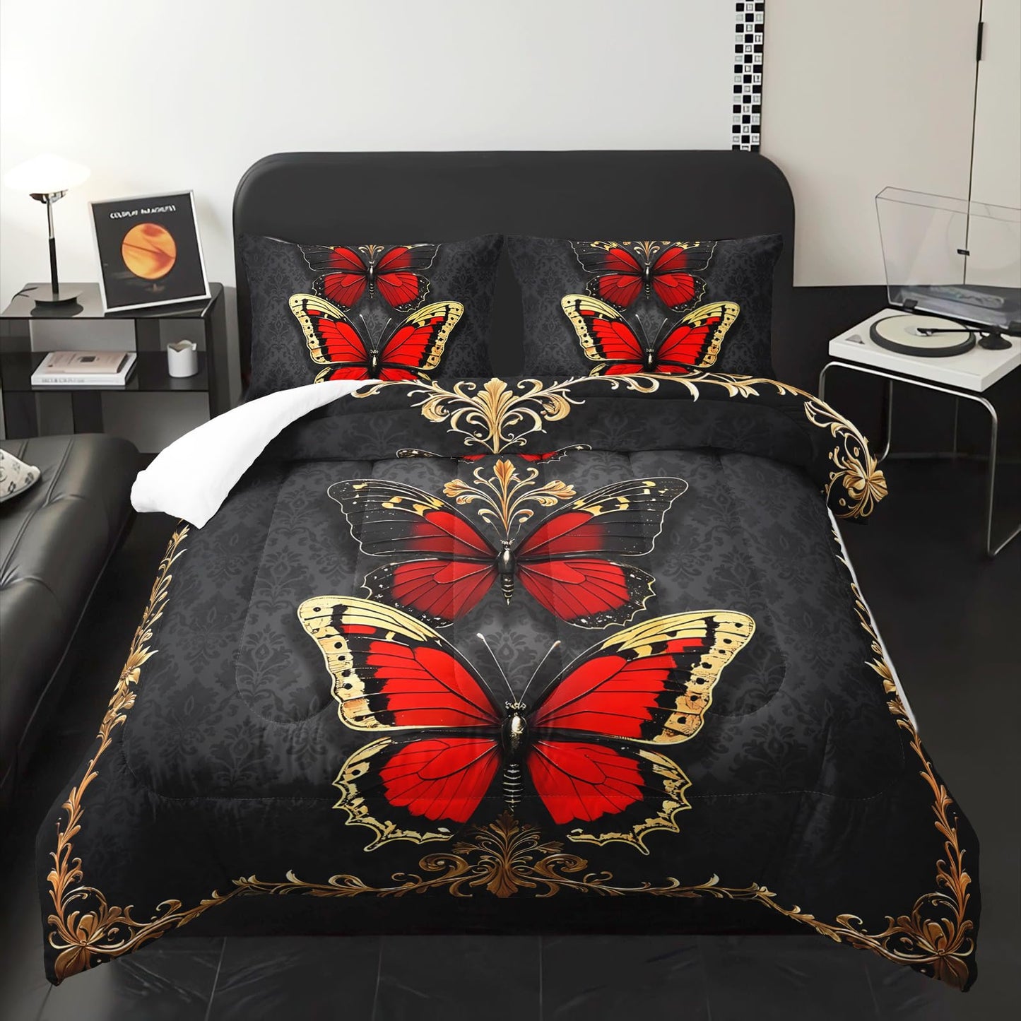 lneffble Red and Gold Butterfly Comforter Sets Full Size Bed Set，Gothic Full Size Bedding Set，with 1 Comforter with 2 Pillow Case，Butterfly Themed Bedroom Decor