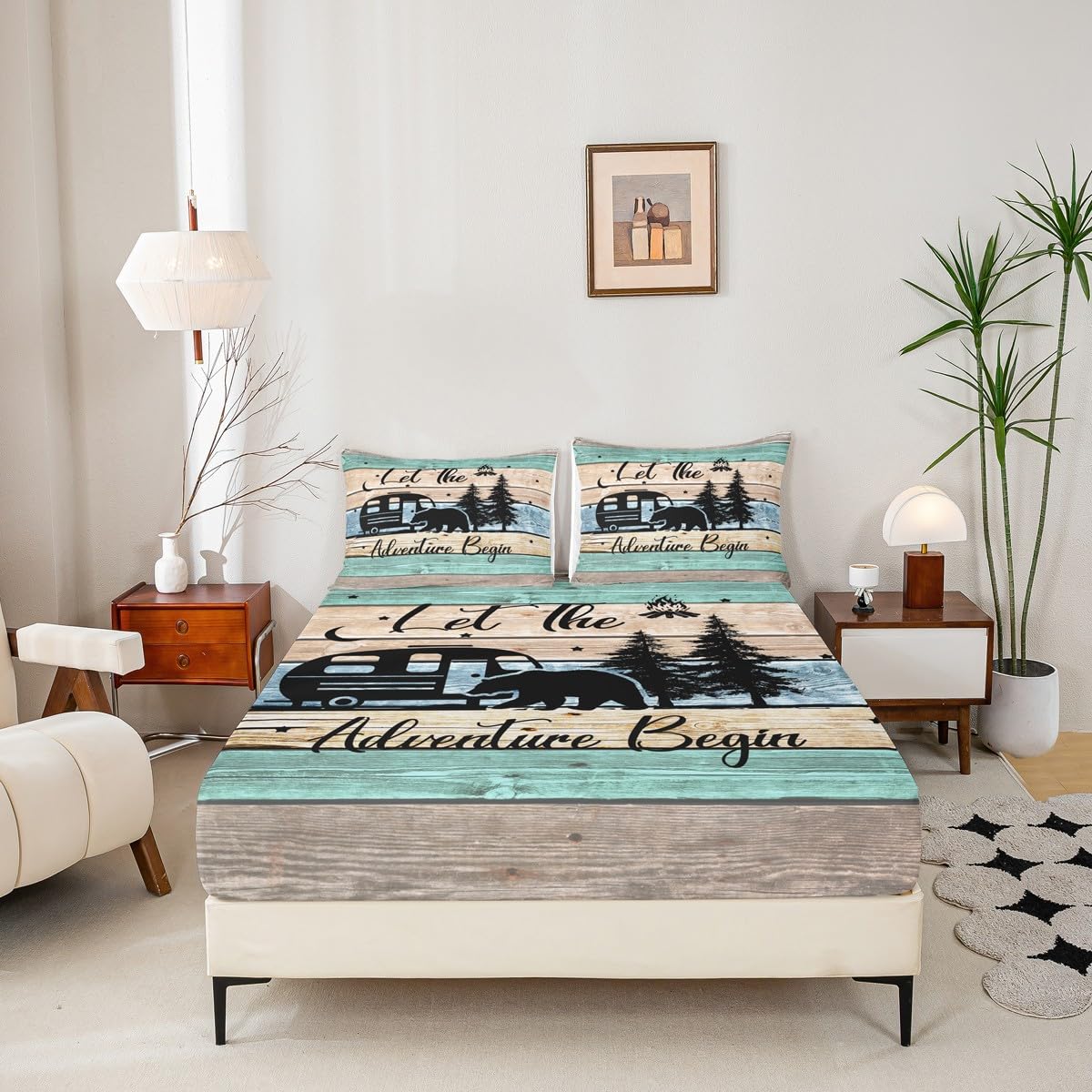 Camper Bedding 2 Pieces, Rustic Farmhouse Style Fitted Sheet Happy Camping Bedding Set for Teens Adult Camping Fitted Bed Sheets,Black Sketch Drawing Bear Decor Bedding, Twin Size