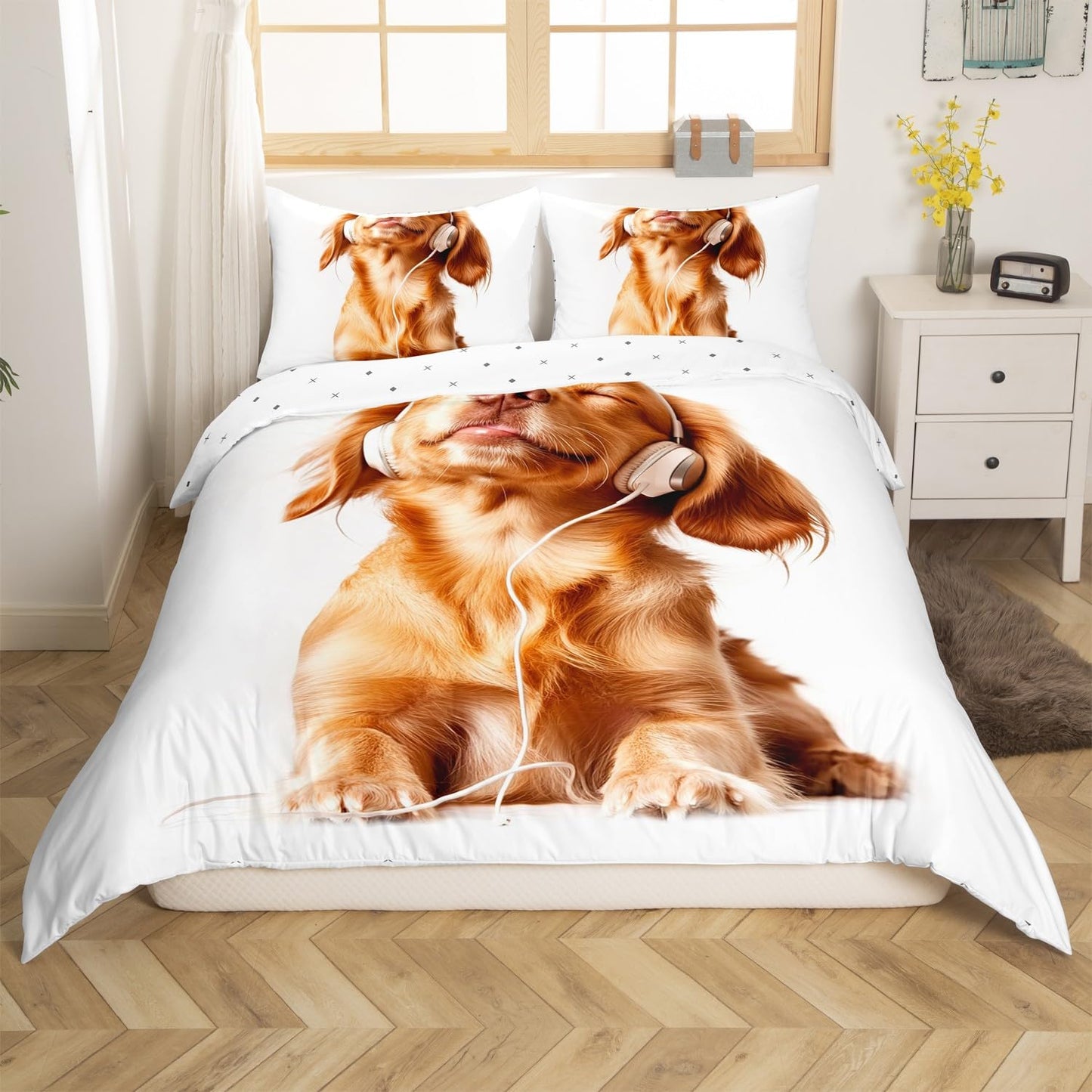 Erosebridal Kawaii Dog Comforter Cover Set King for Kids Boys Girls Yellow Puppy Dog Bedding Set for Women Men Kawaii Room Decor, 3D Cute Animal Duvet Cover Headphones Music Theme Quilt Cover