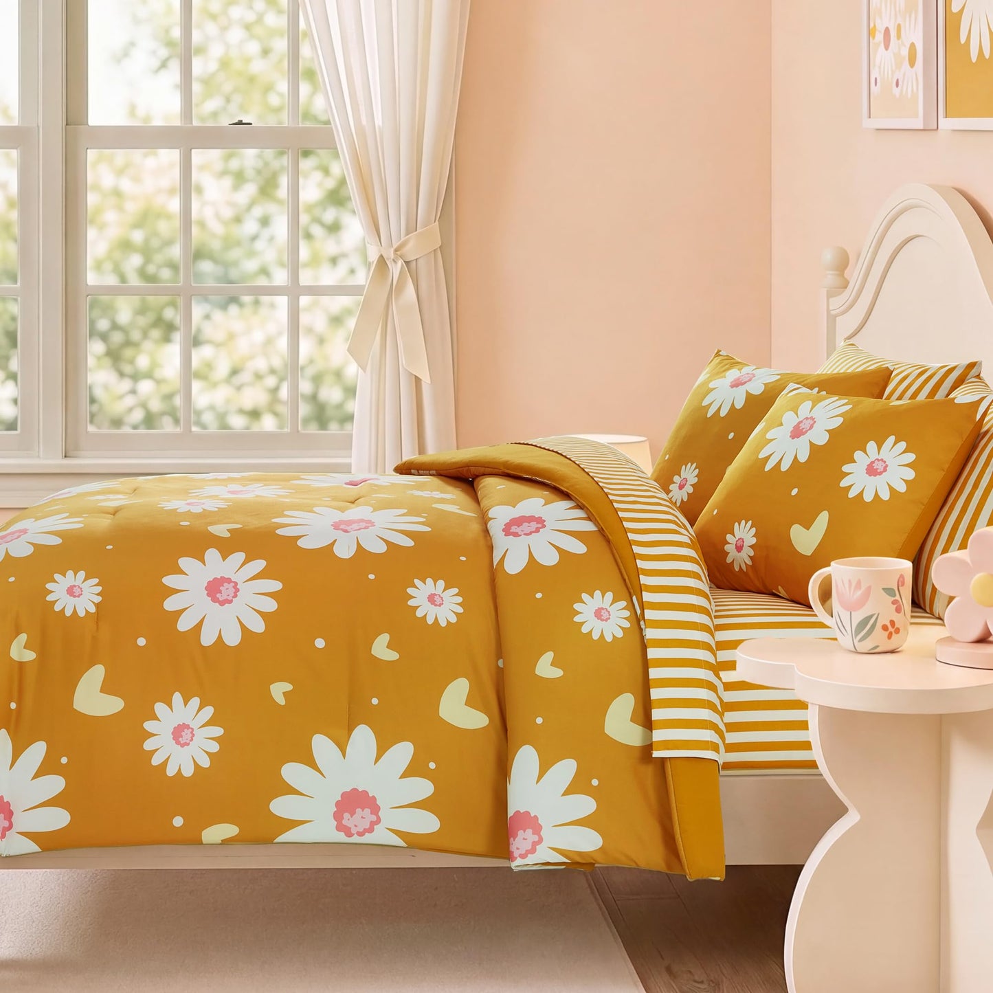 AMBERSPACE Twin XL Comforter Set for Girls, Mustard Yellow Daisy Bedding Set with Cute Heart, All Season Kids Bed in a Bag Dorm 5 Pieces with Sheets, Pillowcase & Sham