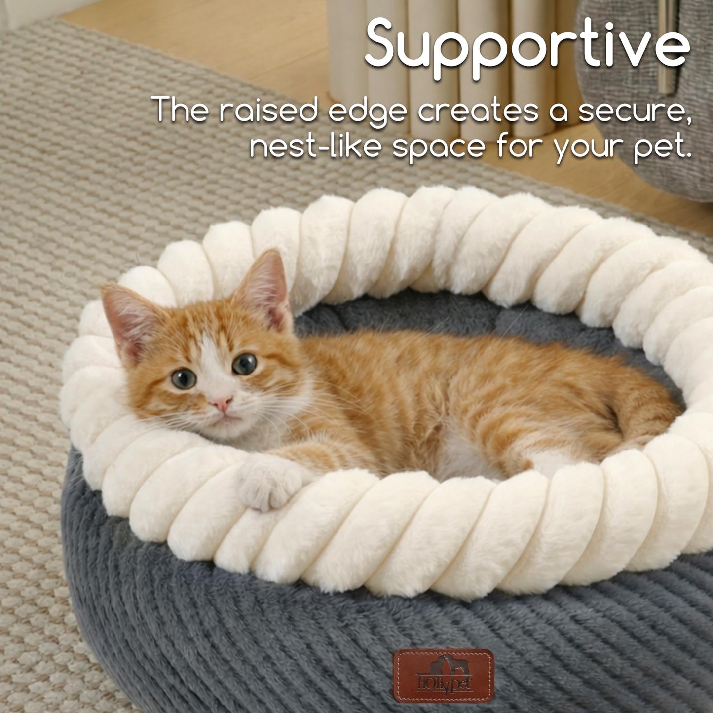 Hollypet Cat Bed for Indoor Cats Kitty Beds, Round Washable Fluffy Small Dog Bed, Soft Cozy Plush Pet Beds for Puppy and Kitten with Non-Slip Bottom (20" D * 8" Th, Gray)