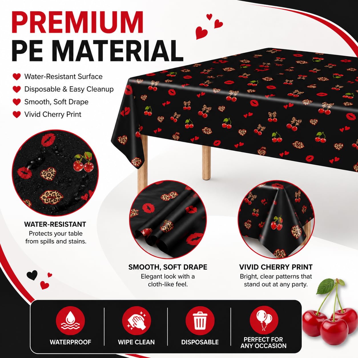 3Pcs 54 x 108 Inch Cheetah Cherry Tablecloths,Red Black Leopard Print Disposable Plastic Table Covers with Red Lips, Waterproof Party Table Cloths for Birthday, Baby Shower, Wedding, Party Decorations