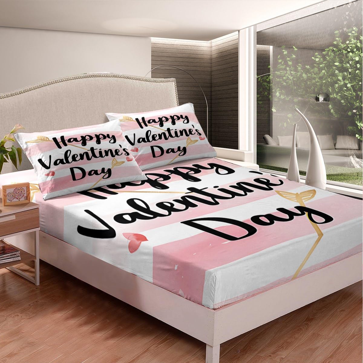 Feelyou Boys Girls Valentine's Day Bed Sheet Set Full Size, Love Heart Fitted Sheet Kids Red Heart Bedding Set Romantic Teens Bed Cover Bedroom Decor 3Pcs (No TOP Sheet)
