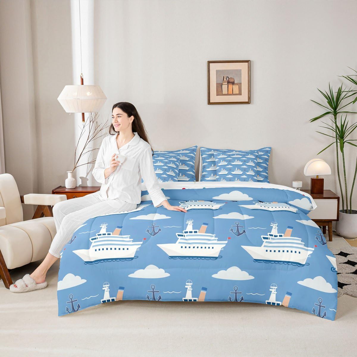 Erosebridal Boys Nautical Sailboat 7 Pieces Bedding Set Twin, Ocean Ship Comforter Set with Sheets, Boat Anchor Bed in A Bag, White Cloud Blue Sky Nautical Bed Sets for Kids Teens Youth Men Bedroom